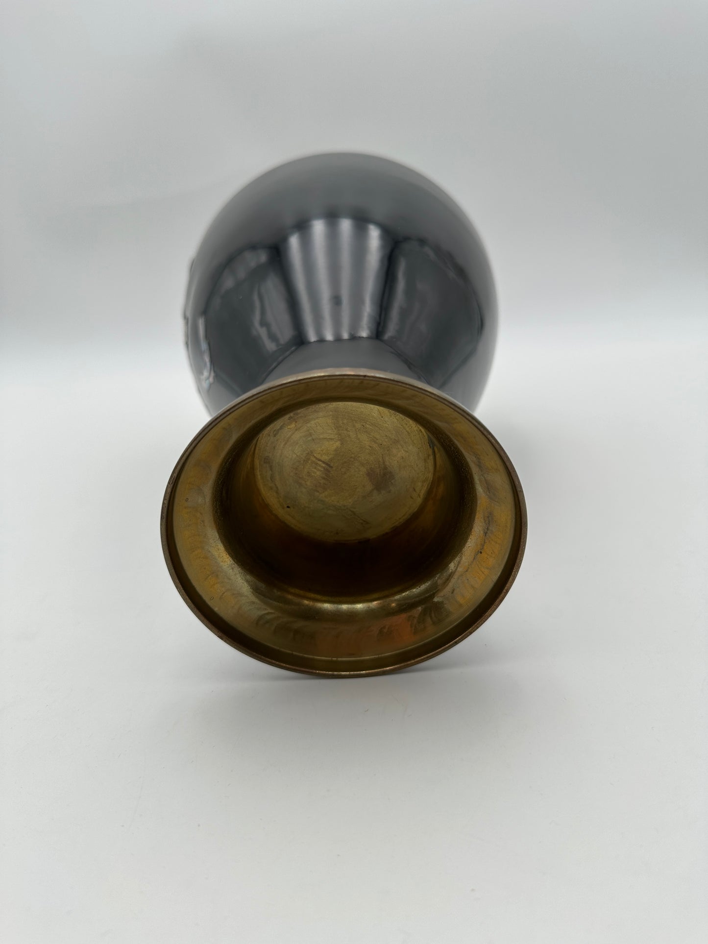 Black Metal Vintage Vase with Inlaid Mother of Pearl Opalescent Bird and Flowers