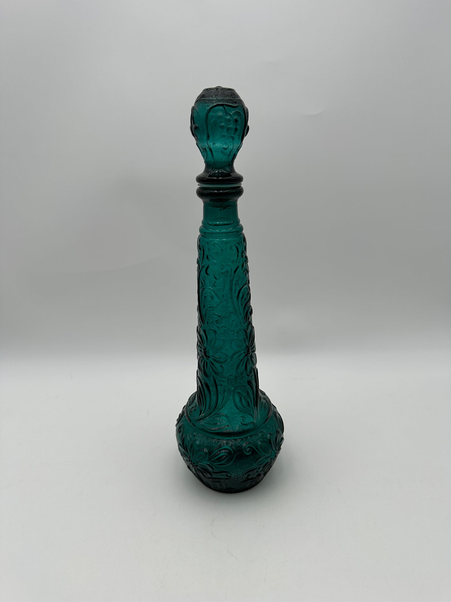 Teal Turquoise Vintage Floral Embossed Glass Decanter with Stopper