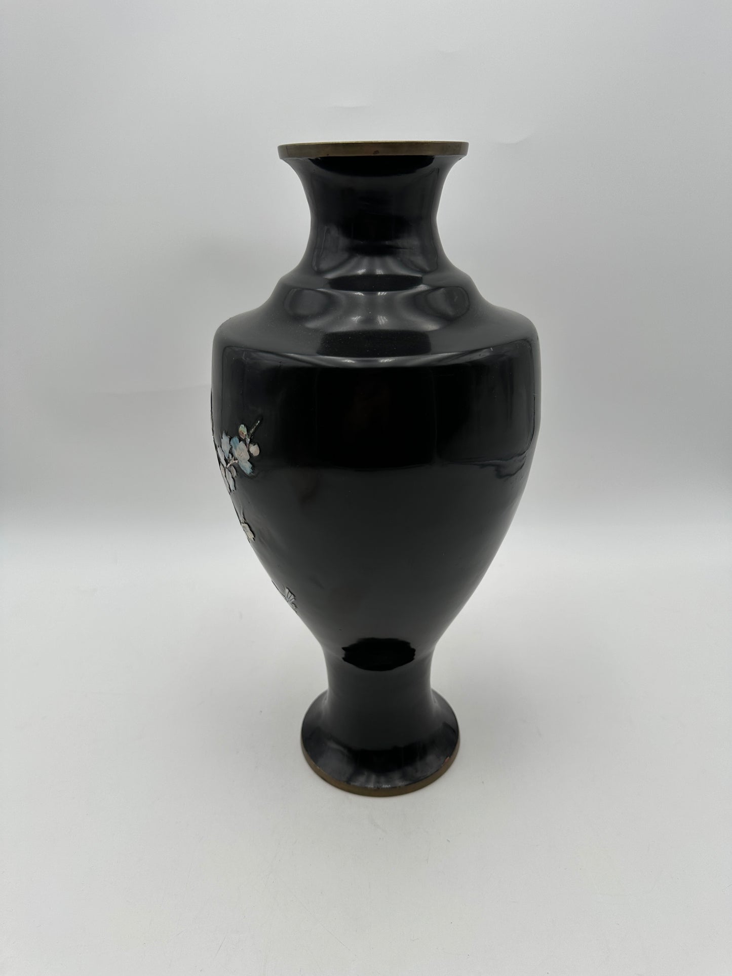 Black Metal Vintage Vase with Inlaid Mother of Pearl Opalescent Bird and Flowers