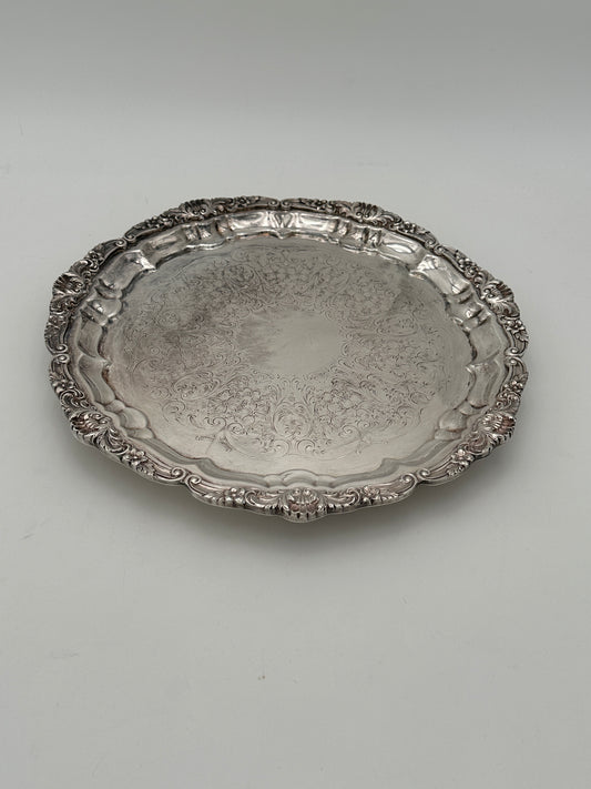 Silver-Plated Copper Large Round Footed Platter with Etching and Textured Edge