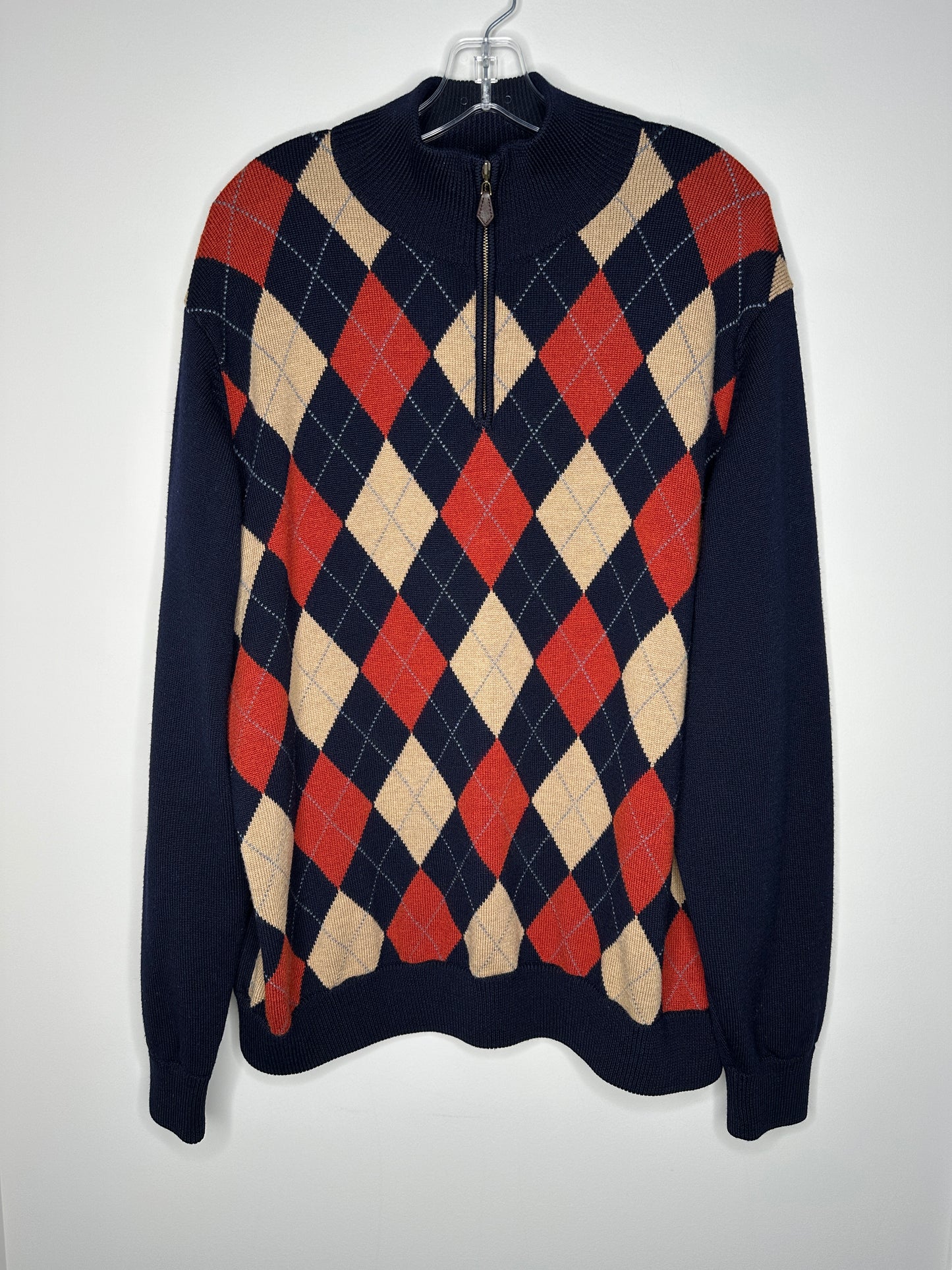 Brooks Brothers Men's Size XL Navy Argyle 1/4 Zip Long Sleeve Sweater, EUC