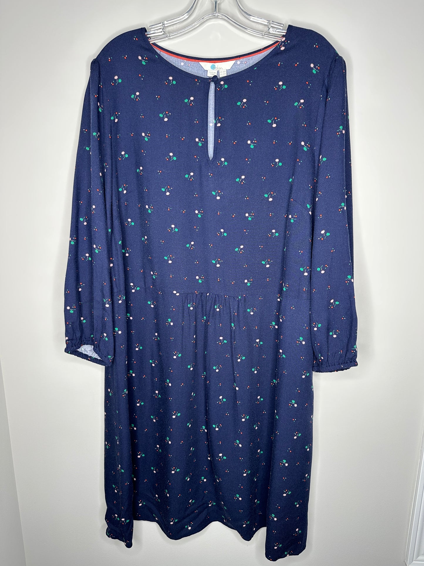 Boden US Size 14R Navy Blue Pom-Pom Bud Nerissa 3/4 Sleeve Dress