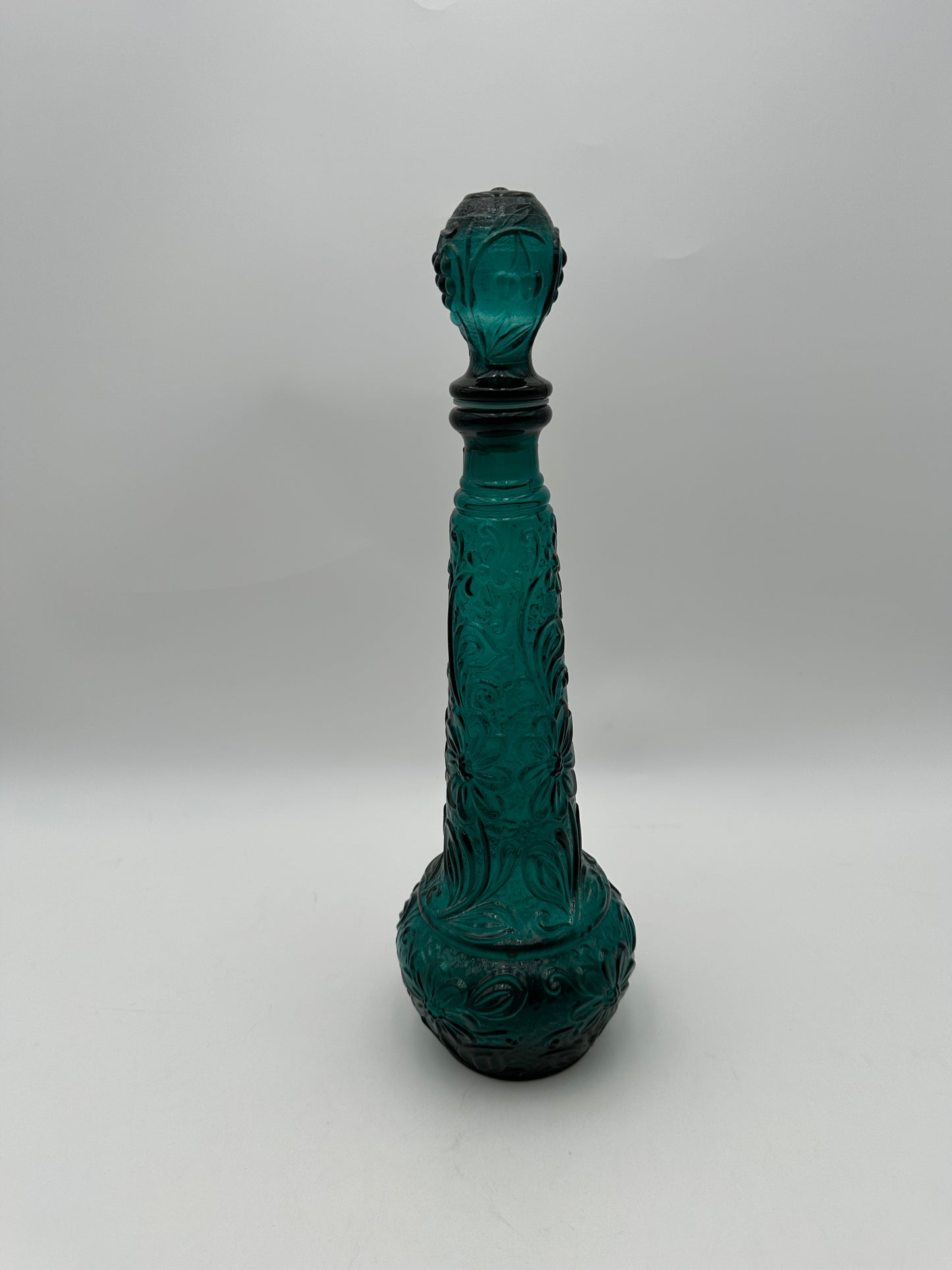 Teal Turquoise Vintage Floral Embossed Glass Decanter with Stopper
