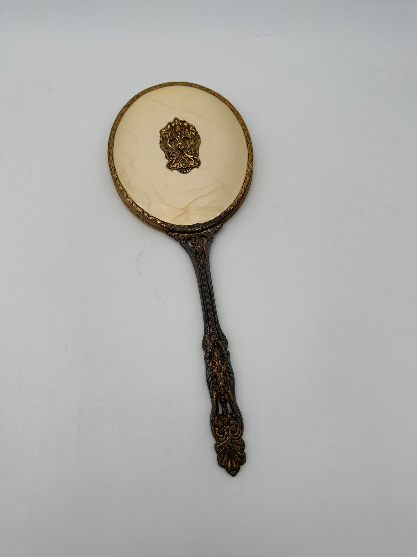 Brass Tone Vintage Hand-Held Beveled Edge Oval Vanity Mirror