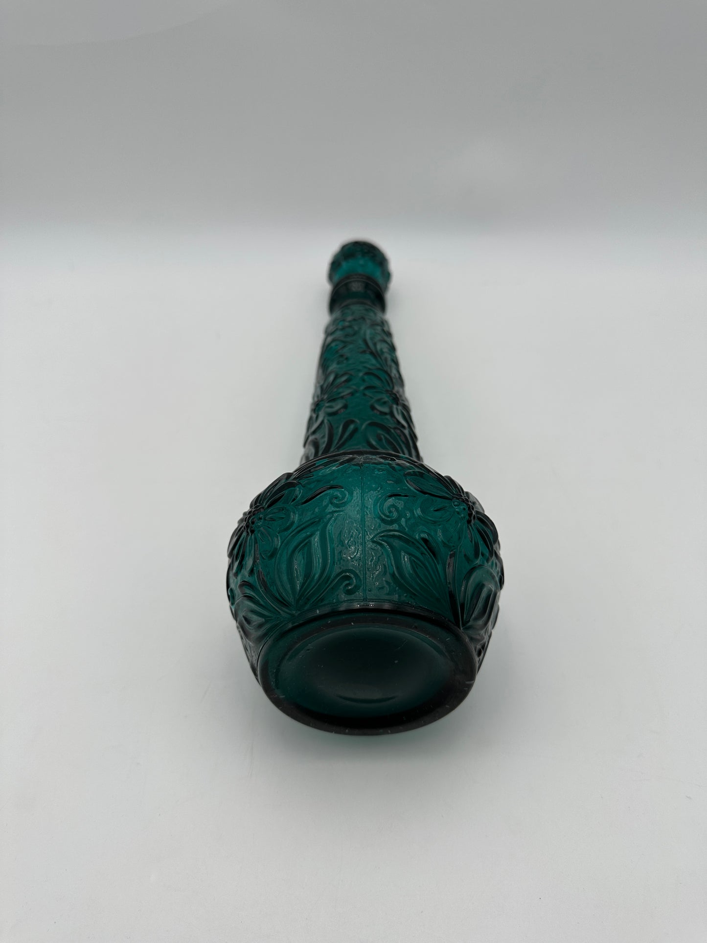 Teal Turquoise Vintage Floral Embossed Glass Decanter with Stopper