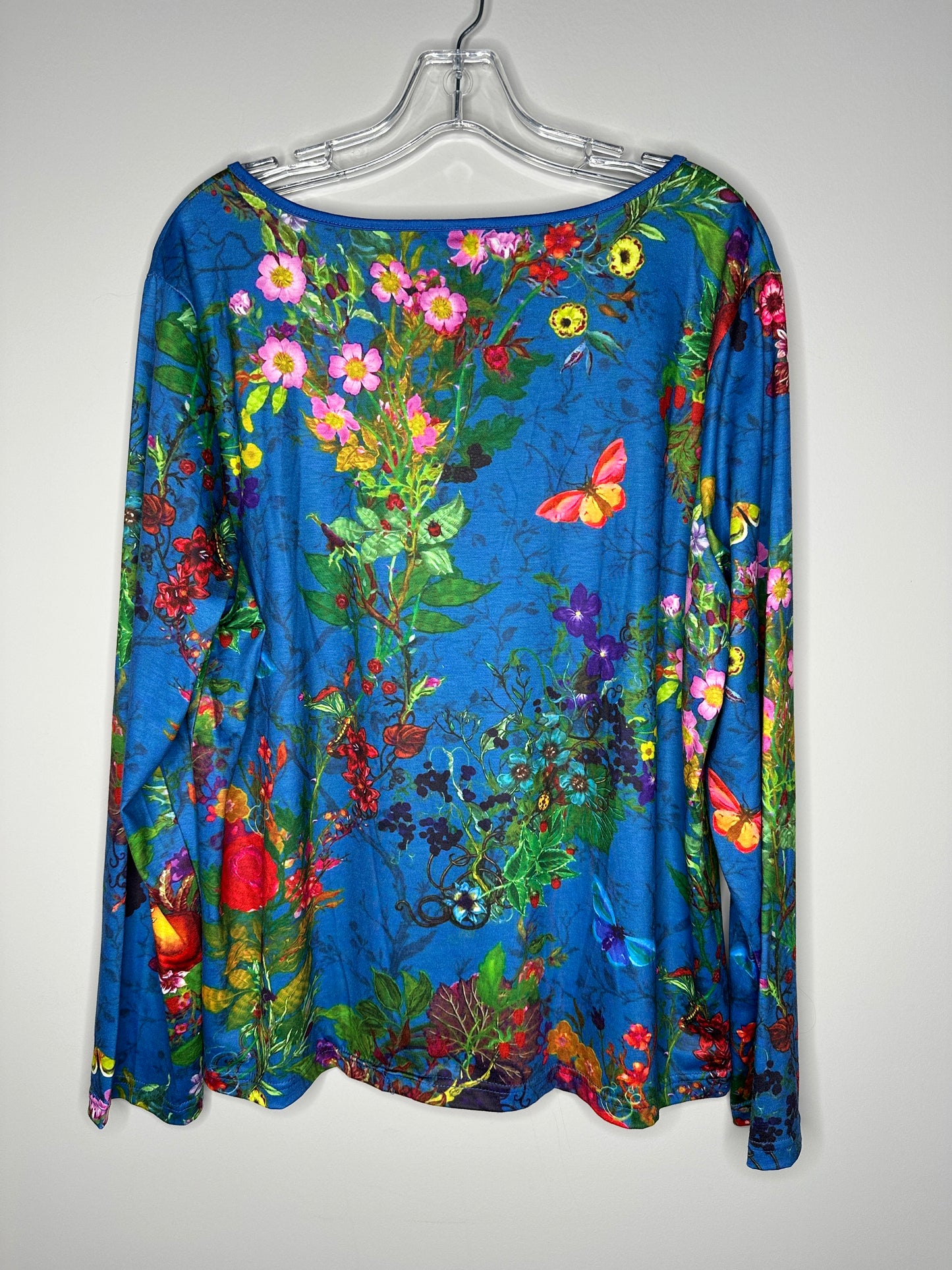 Noracora Size XXL (16) Blue w/Flowers & Butterflies Long Sleeve Top, new/NWOT