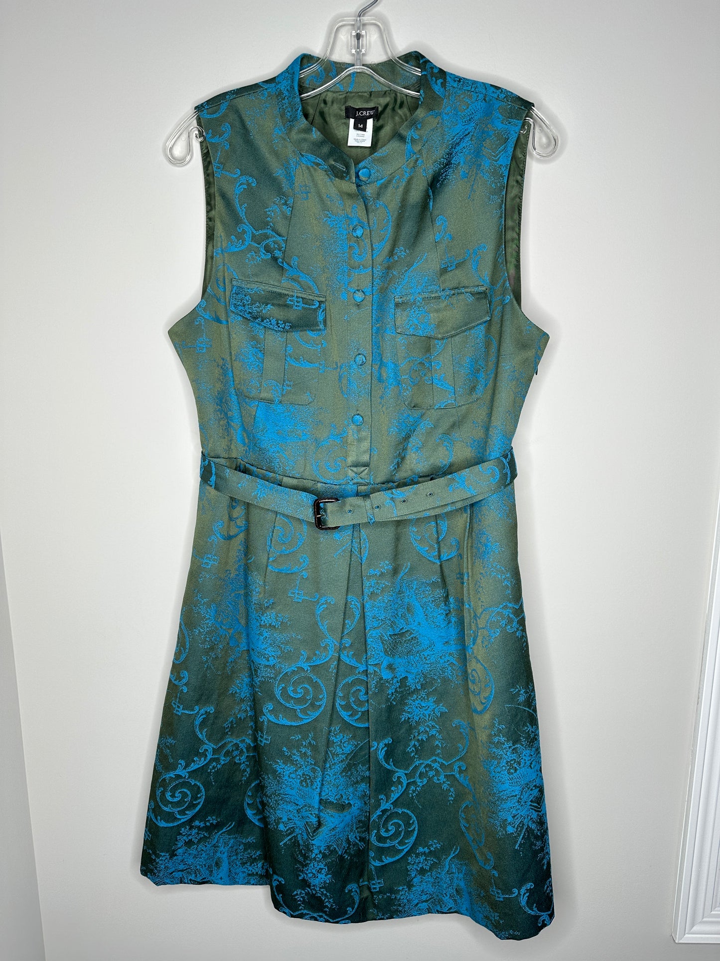 J.Crew Size 14 Green & Blue Sleeveless Belted Dress