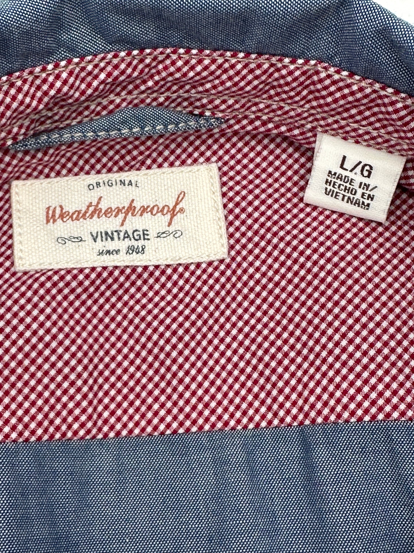 Weatherproof Vintage Size L Blue Chambray "Indeed Brewing" Long Sleeve Shirt