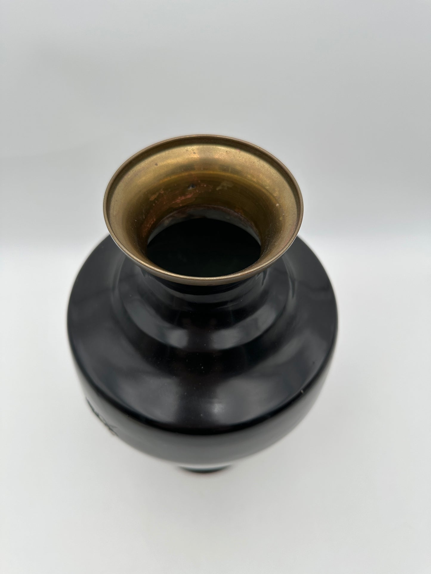 Black Metal Vintage Vase with Inlaid Mother of Pearl Opalescent Bird and Flowers