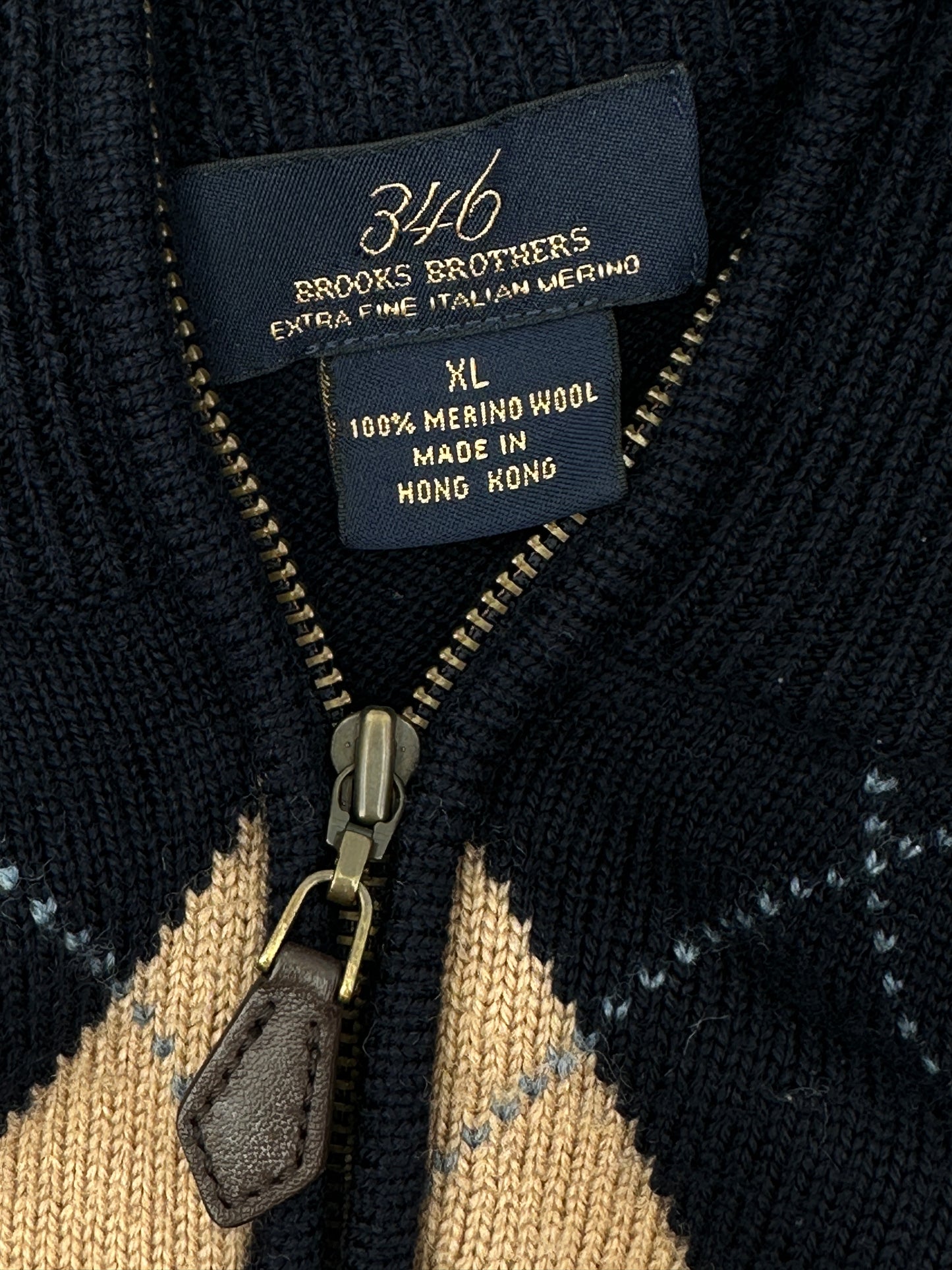 Brooks Brothers Men's Size XL Navy Argyle 1/4 Zip Long Sleeve Sweater, EUC