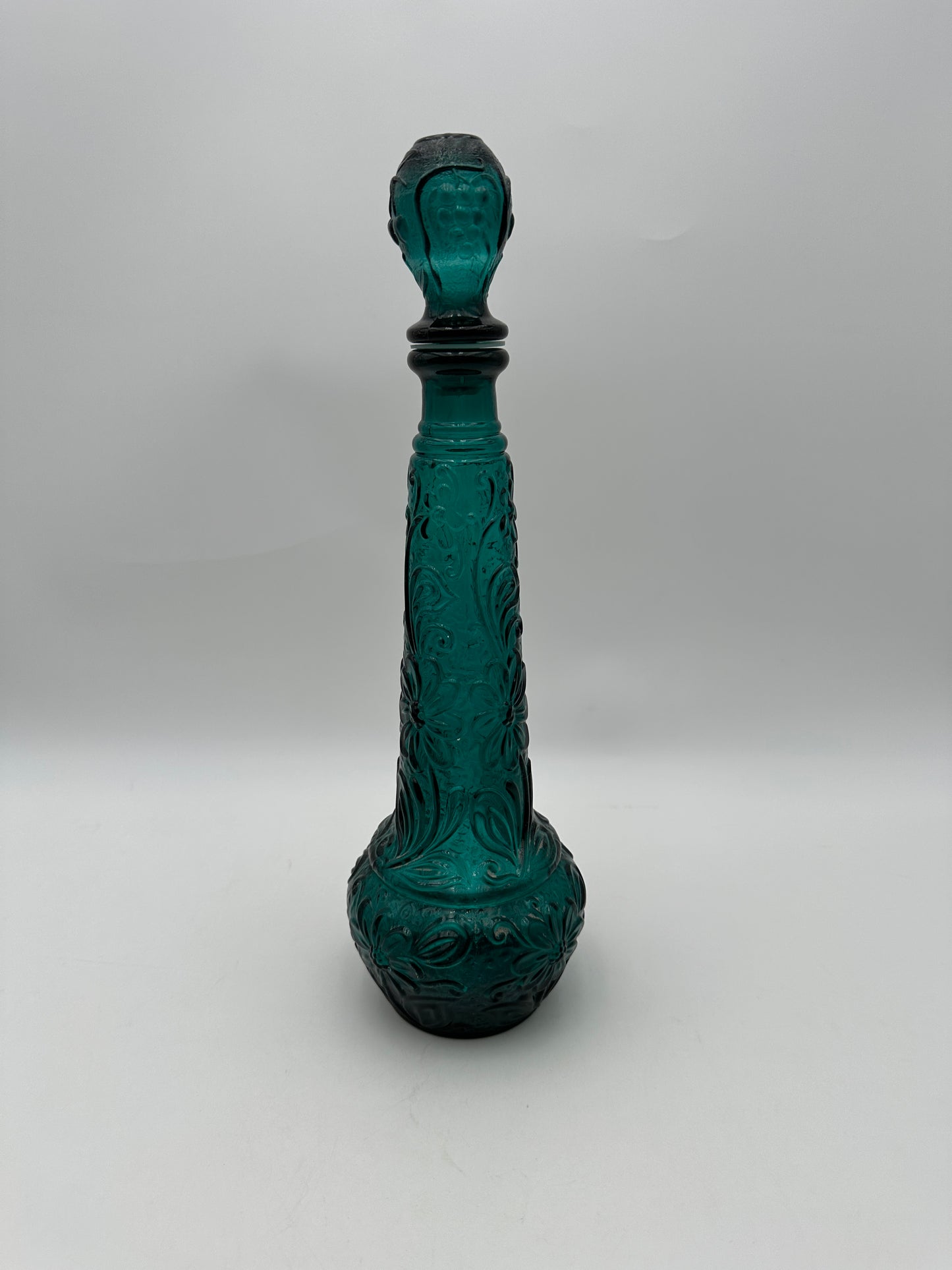Teal Turquoise Vintage Floral Embossed Glass Decanter with Stopper