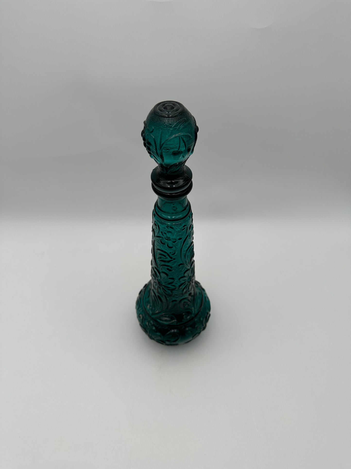 Teal Turquoise Vintage Floral Embossed Glass Decanter with Stopper