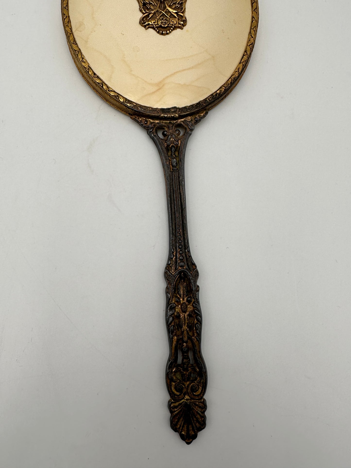 Brass Tone Vintage Hand-Held Beveled Edge Oval Vanity Mirror