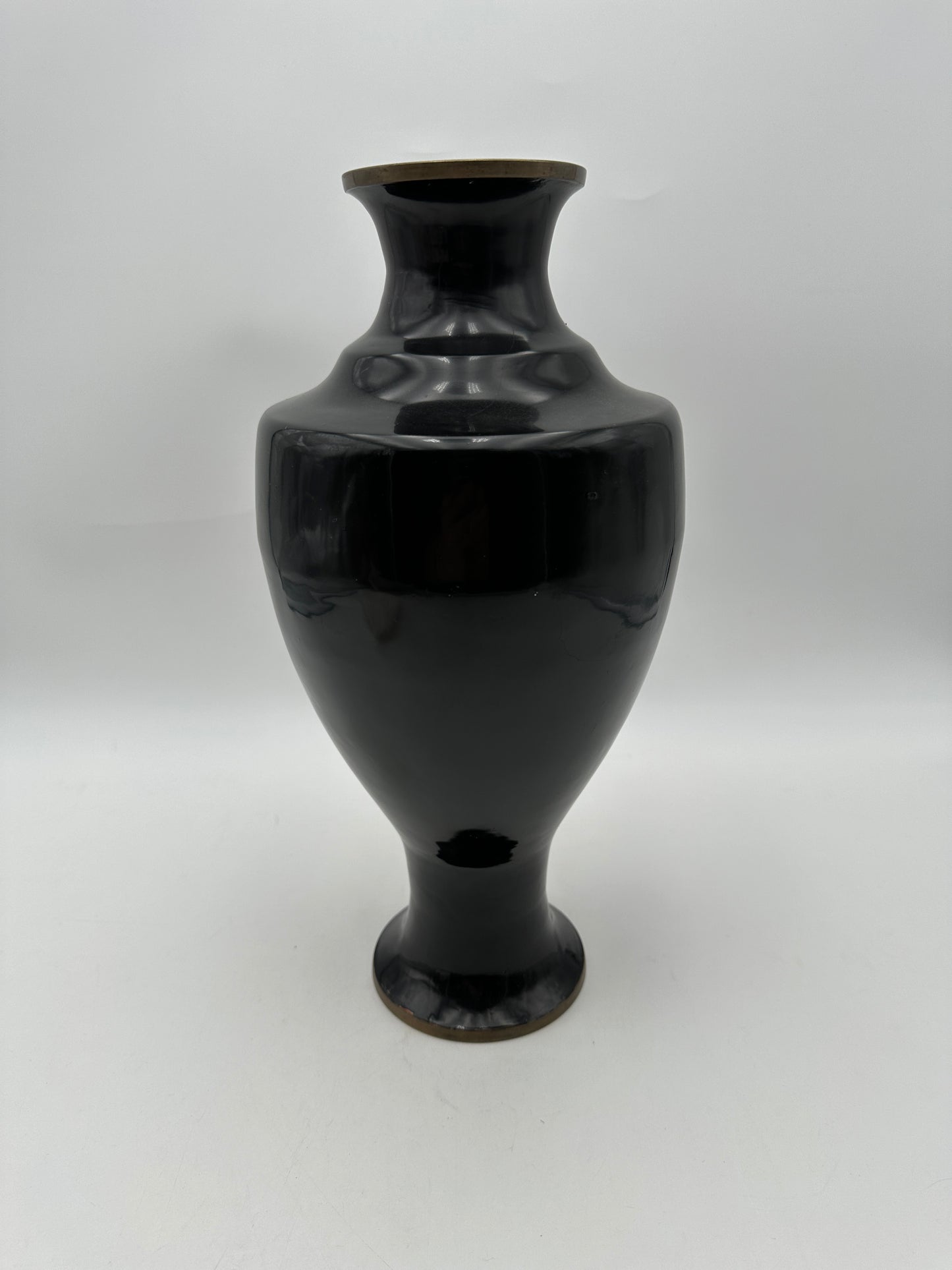 Black Metal Vintage Vase with Inlaid Mother of Pearl Opalescent Bird and Flowers