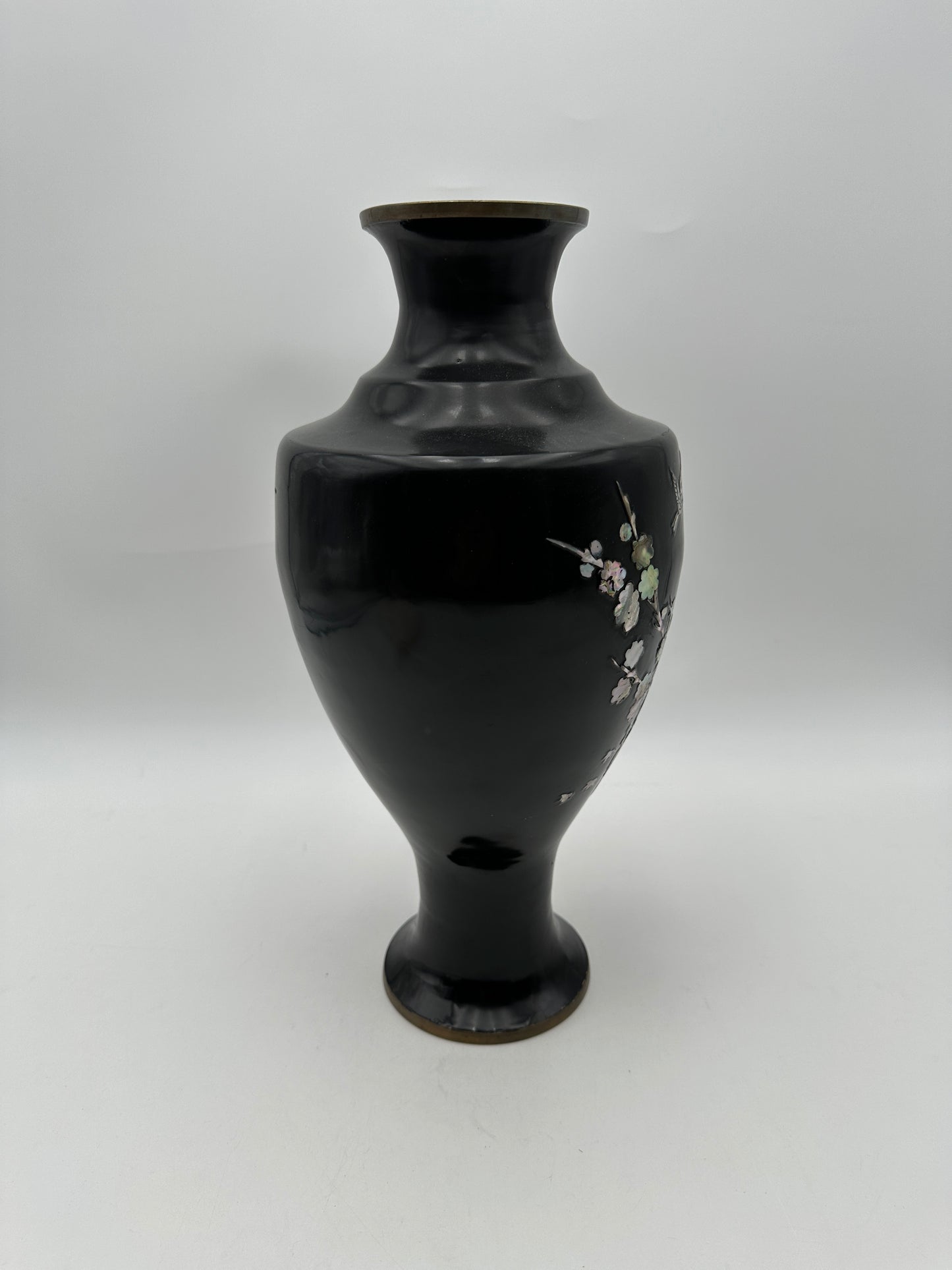 Black Metal Vintage Vase with Inlaid Mother of Pearl Opalescent Bird and Flowers
