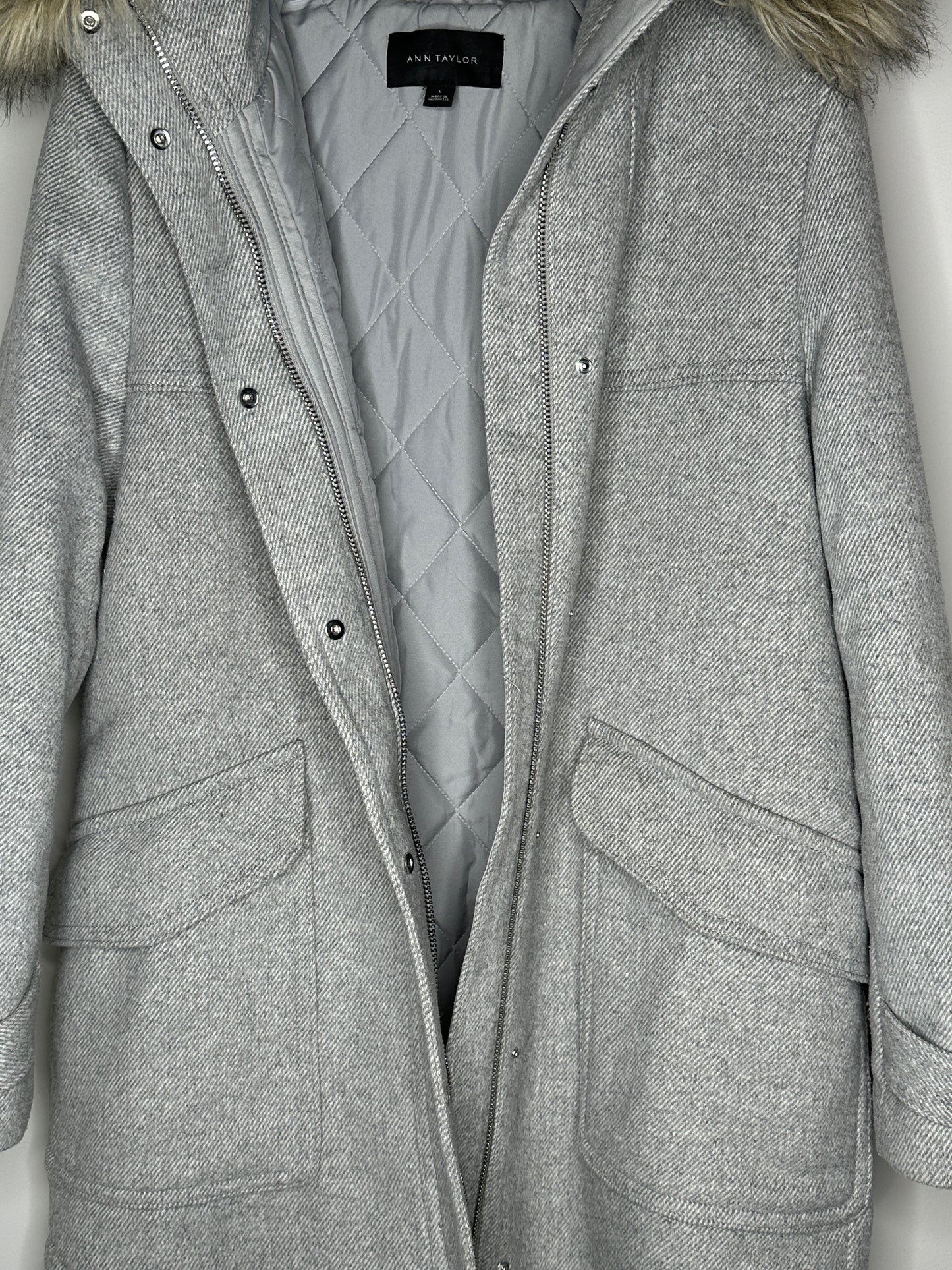 Ann Taylor Size L Light Gray Faux Fur Hooded Coat