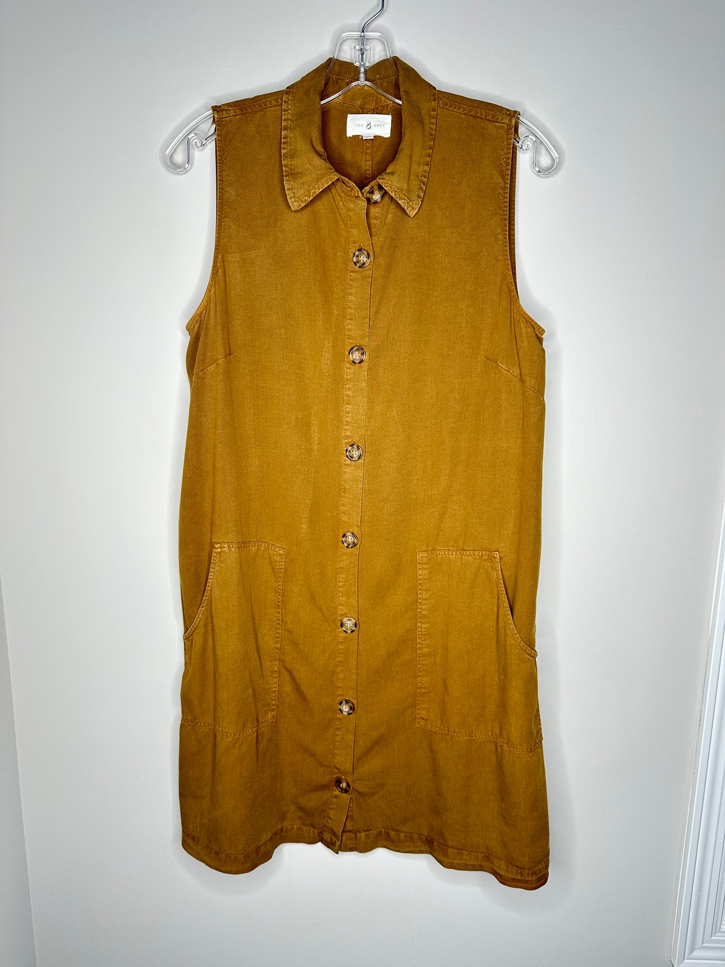 Lou & Grey Size M Brown Sleeveless Shift Button-Up Shirt Dress