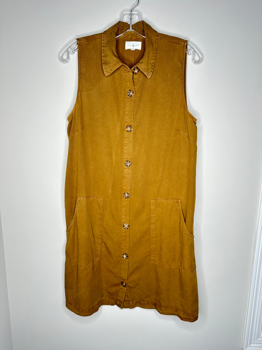 Lou & Grey Size M Brown Sleeveless Shift Button-Up Shirt Dress
