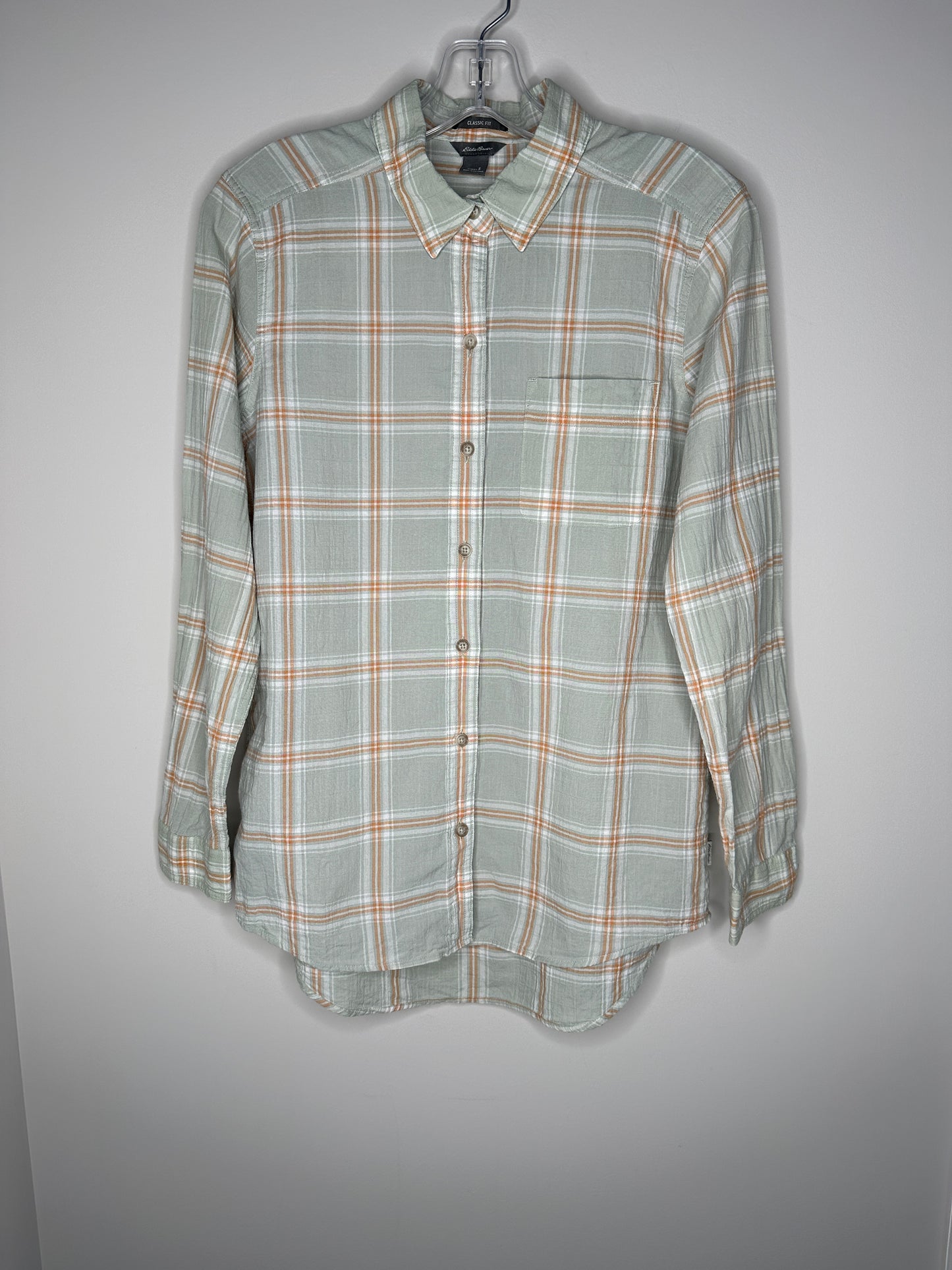 Eddie Bauer Size S Green with Peach Classic Fit Button-Up Top Blouse
