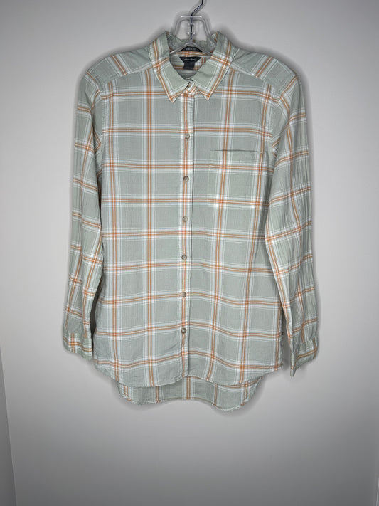Eddie Bauer Size S Green with Peach Classic Fit Button-Up Top Blouse