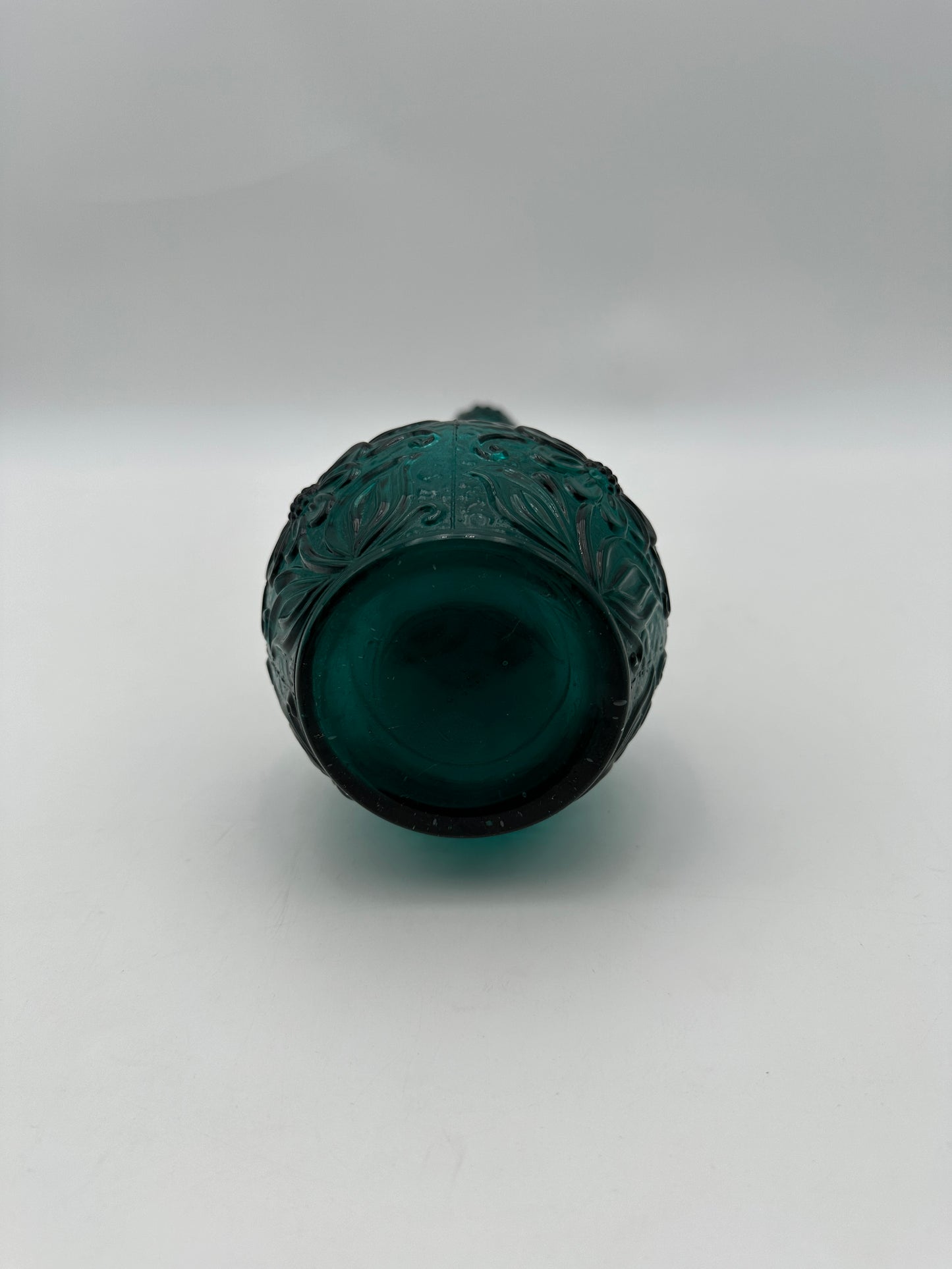 Teal Turquoise Vintage Floral Embossed Glass Decanter with Stopper