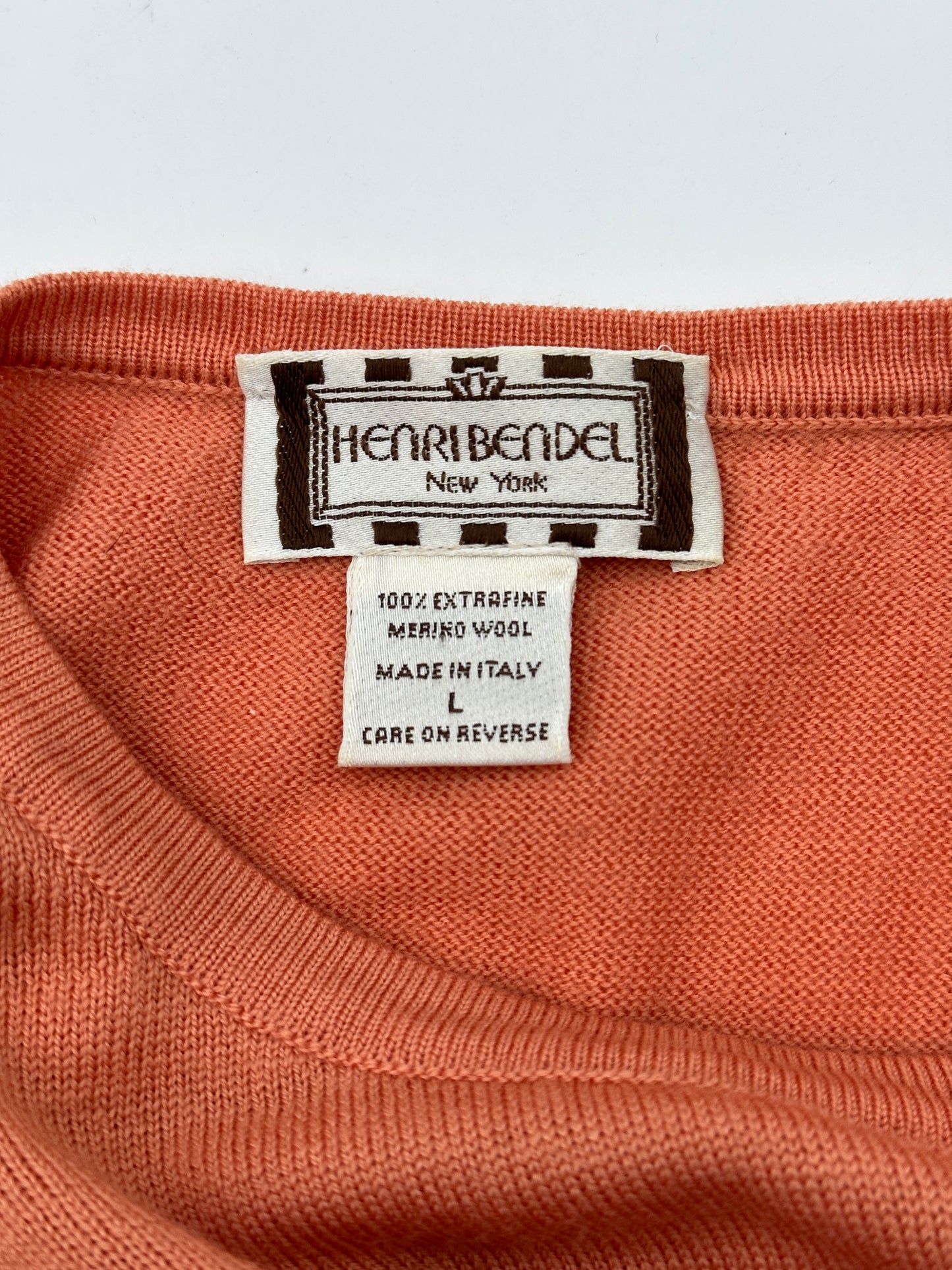 Henri Bendel Size L Light Orange Extra Fine Wool Crew Neck Sweater
