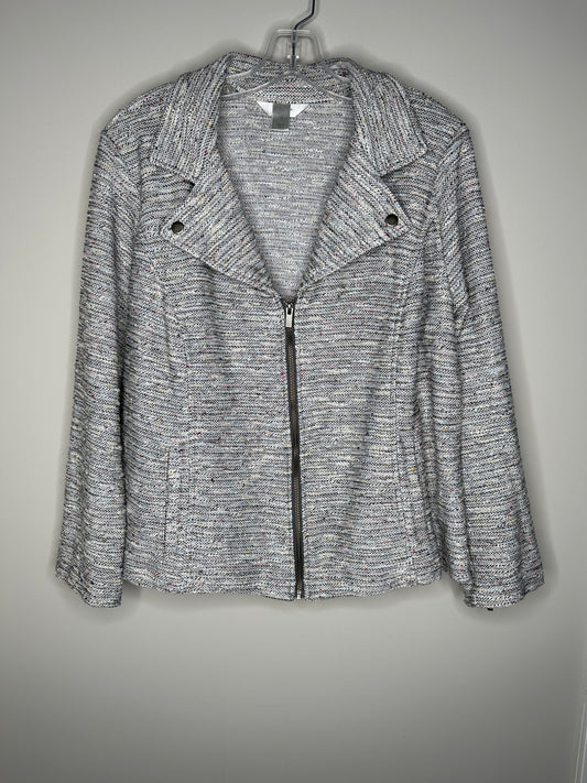 CJ Banks Size 1X White w/Gray Cowl Neck Zip Moto Jacket