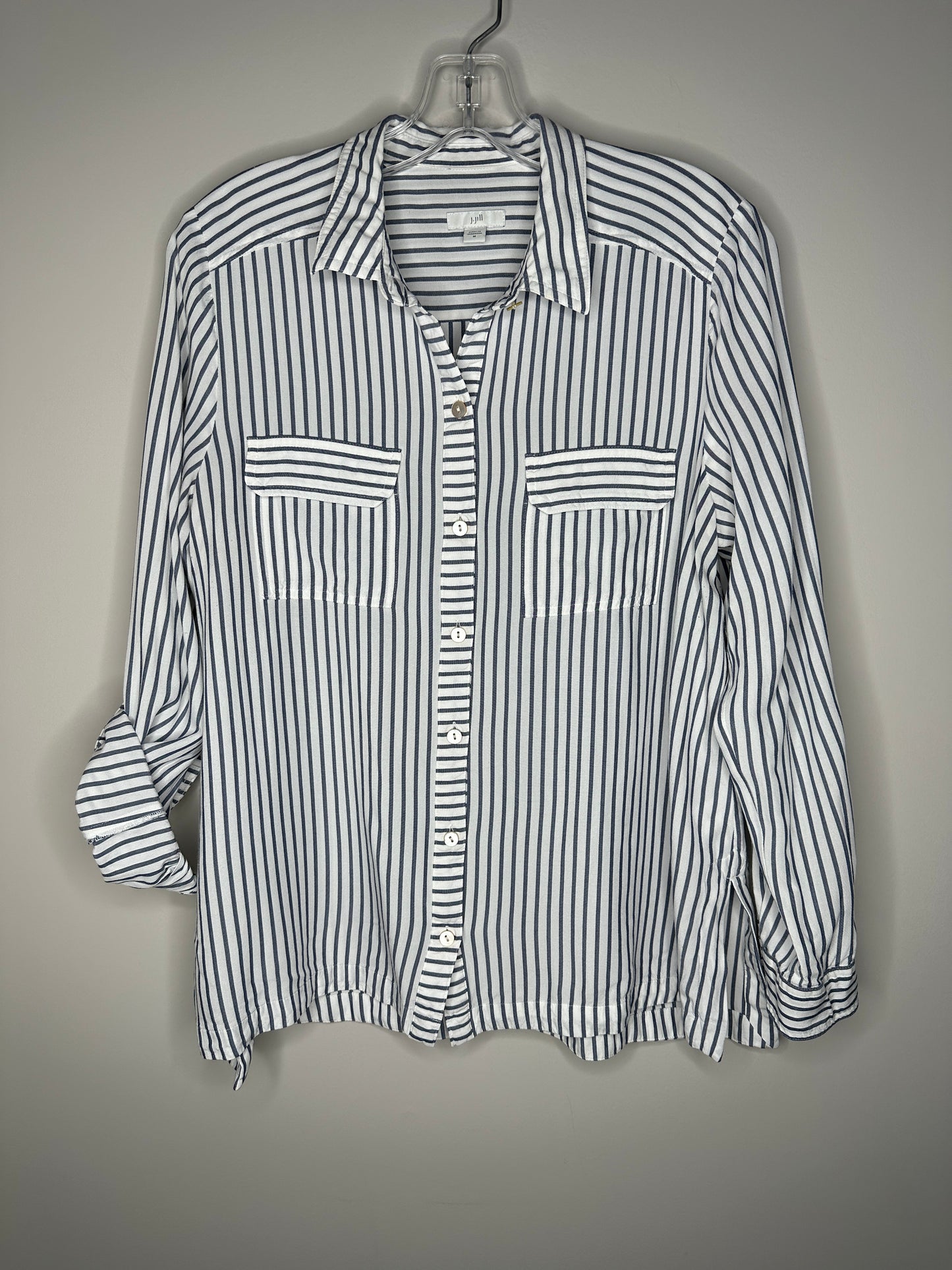 J.Jill Size M Blue & White Striped Roll-Tab Sleeve Blouse Button-Up Top