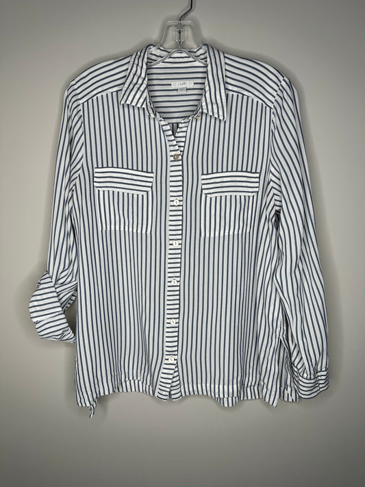 J.Jill Size M Blue & White Striped Roll-Tab Sleeve Blouse Button-Up Top