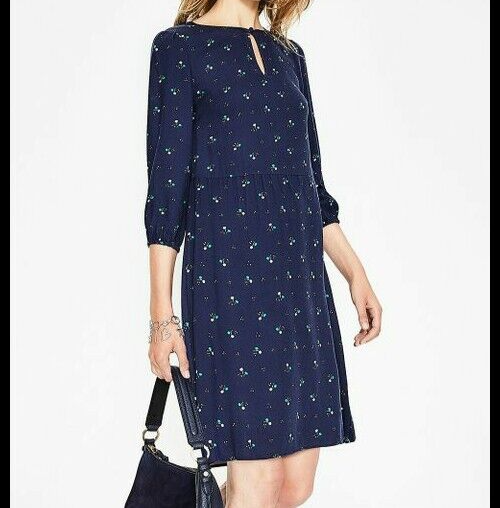 Boden US Size 14R Navy Blue Pom-Pom Bud Nerissa 3/4 Sleeve Dress