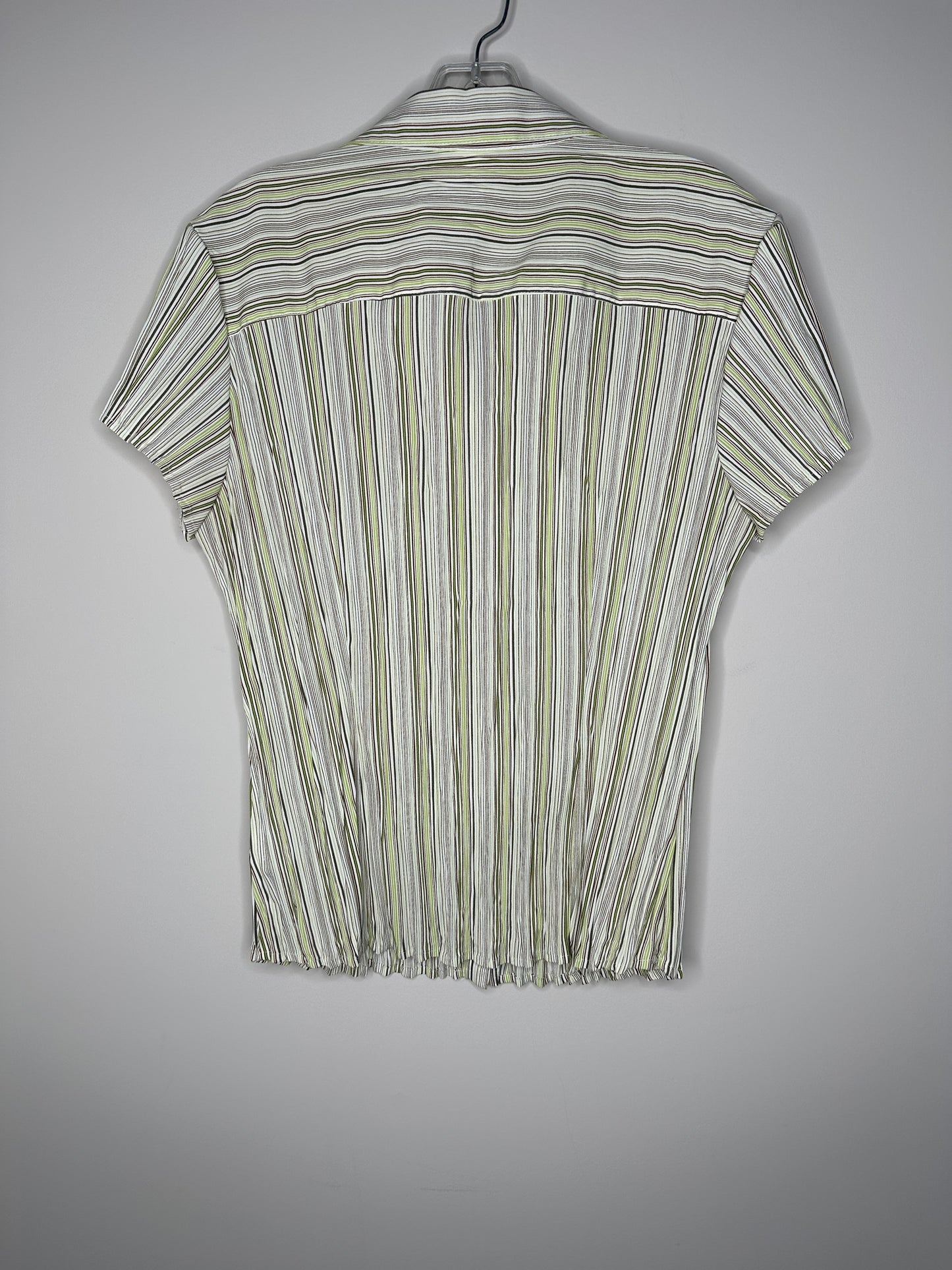 East 5th Size L White Green & Brown Short Sleeve Crinkle Pleated Blouse