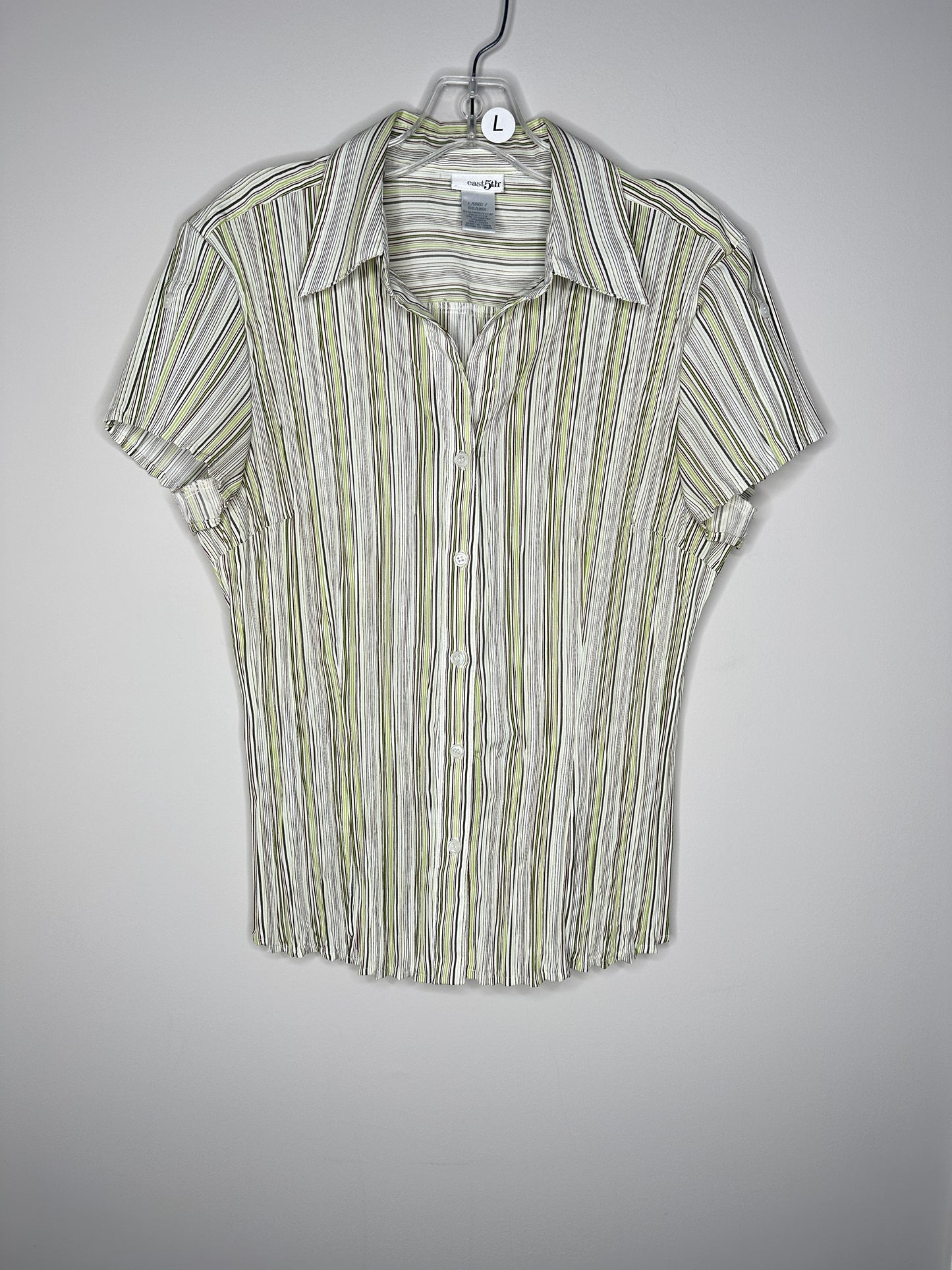 East 5th Size L White Green & Brown Short Sleeve Crinkle Pleated Blouse