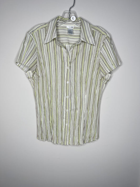 East 5th Size L White Green & Brown Short Sleeve Crinkle Pleated Blouse