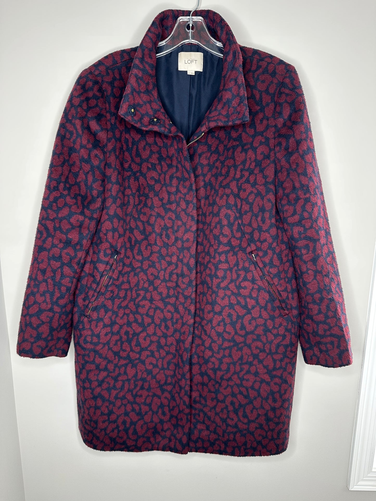 Ann Taylor LOFT Size L Navy Blue & Cranberry Cocoon-Style Coat