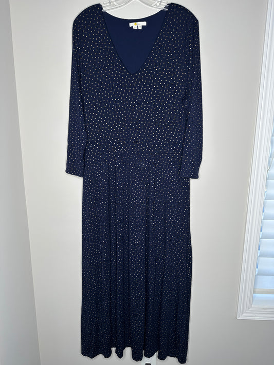 Boden US Size 14R Navy Blue w/Gold Polka Dots V-Neck 3/4 Sleeve Maxi Dress
