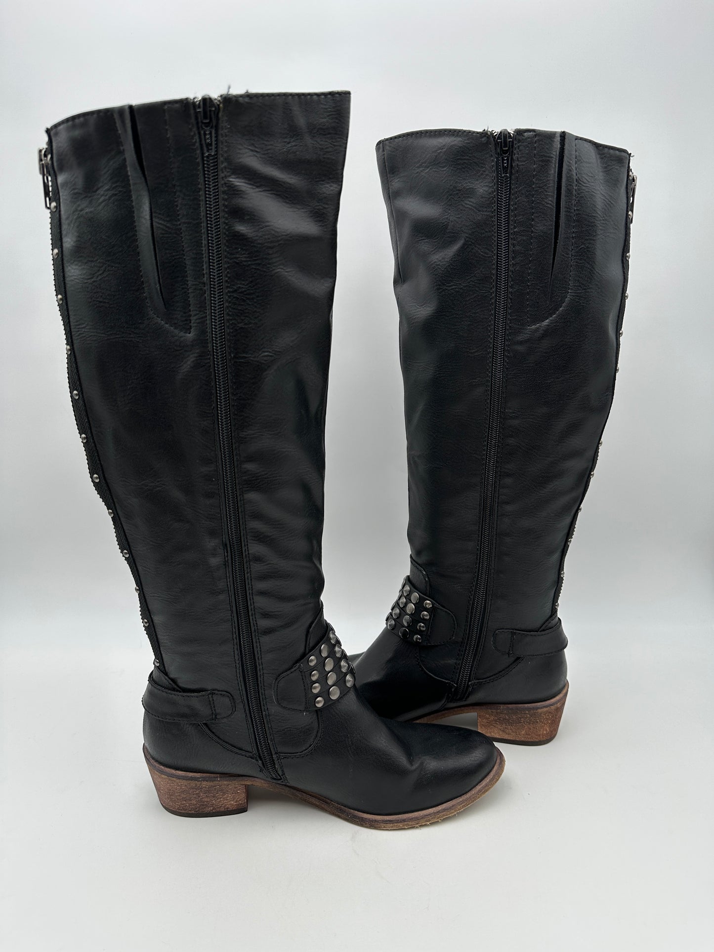 Baretraps Size 8M Black Vegan Leather "Penelope" Tall Riding Boots, 1 5/8" heel