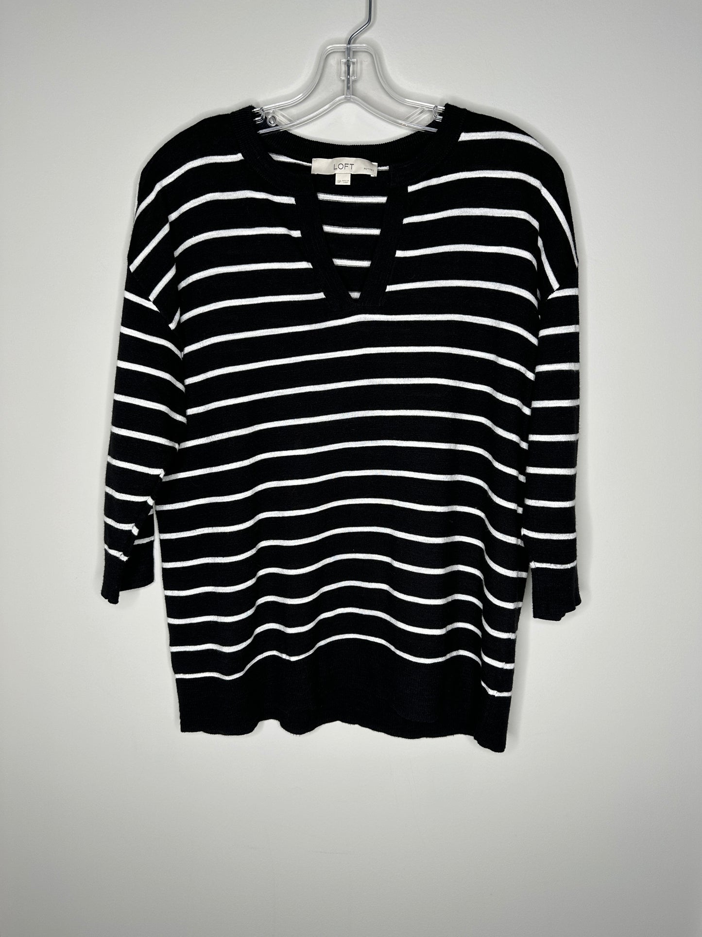 LOFT Size SP Black with White Stripes Split-Neck 3/4 Sleeve Top