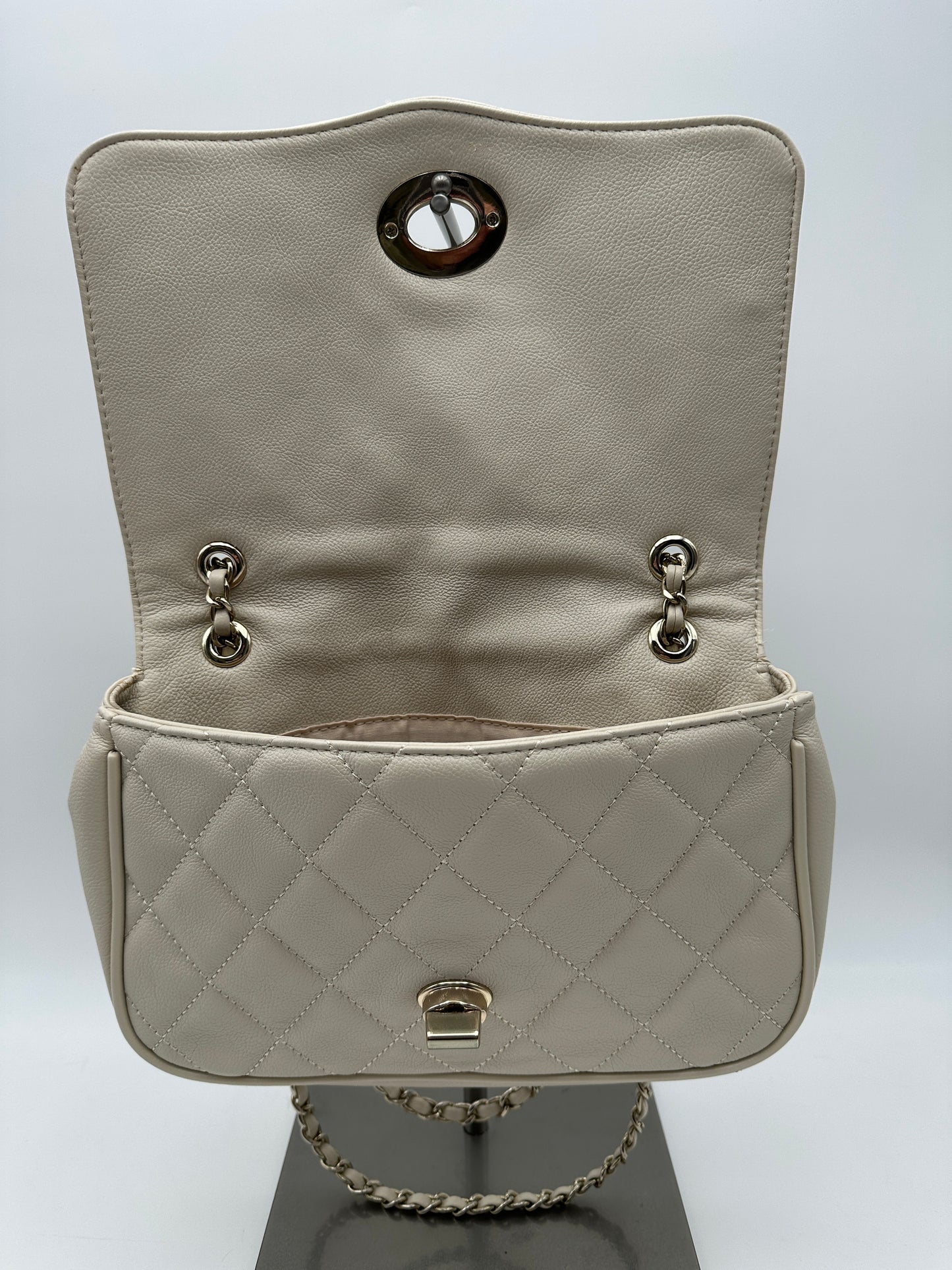 Aldo Off White Quilted Handbag Purse with Fold Over Flap and Chain Handle Strap