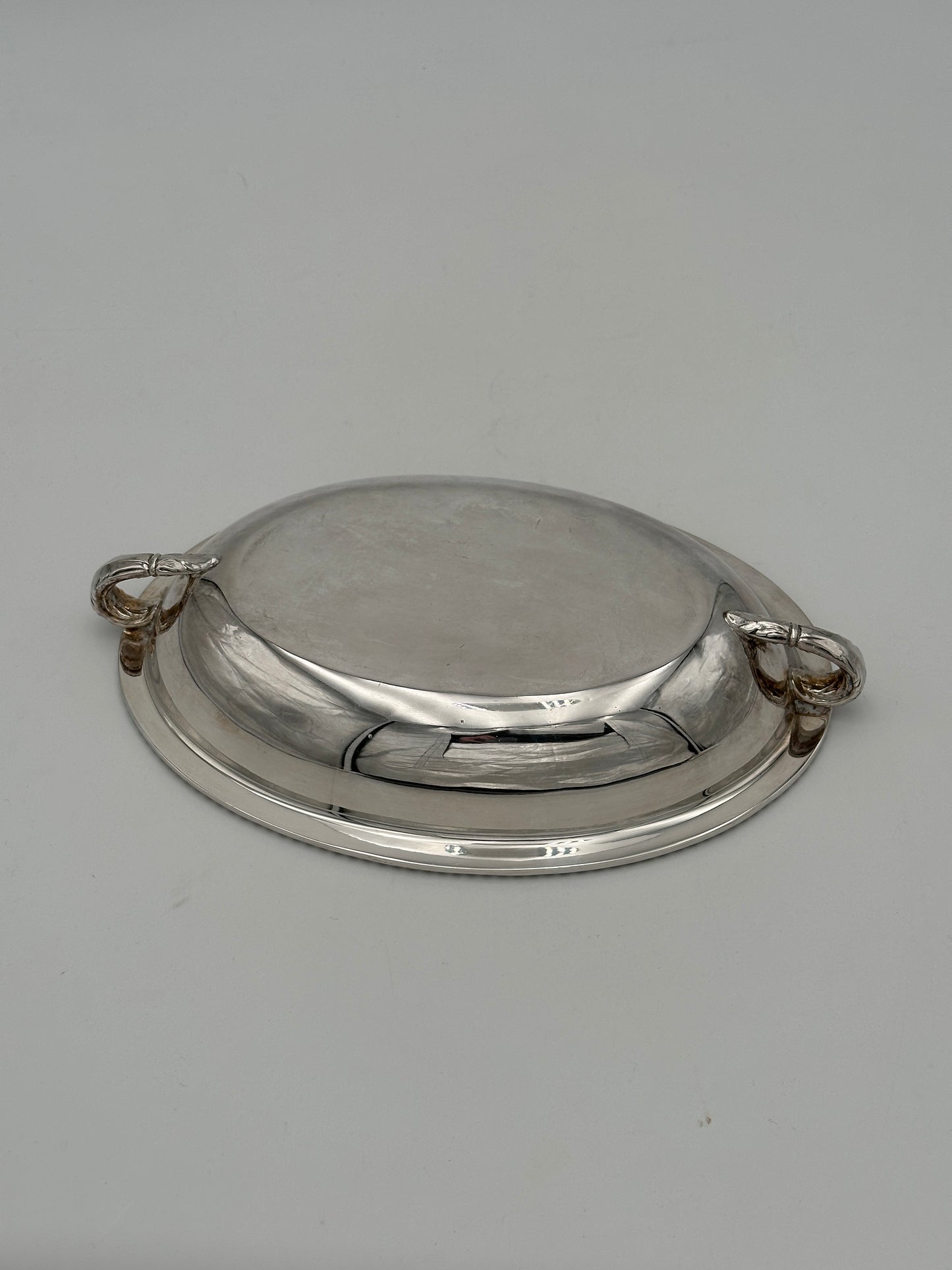 Silver-Plated Shallow Oval Bowl with Textured Edge & Handles