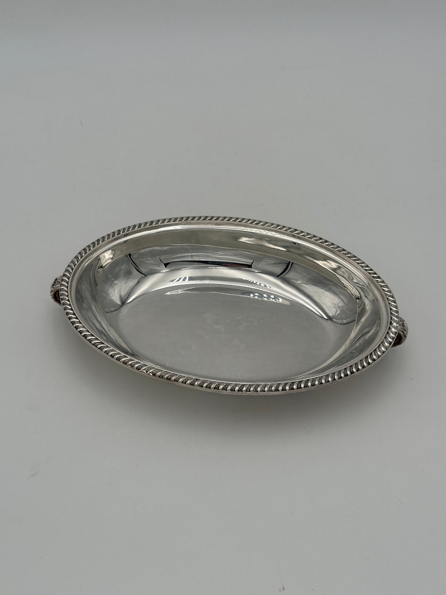 Silver-Plated Shallow Oval Bowl with Textured Edge & Handles