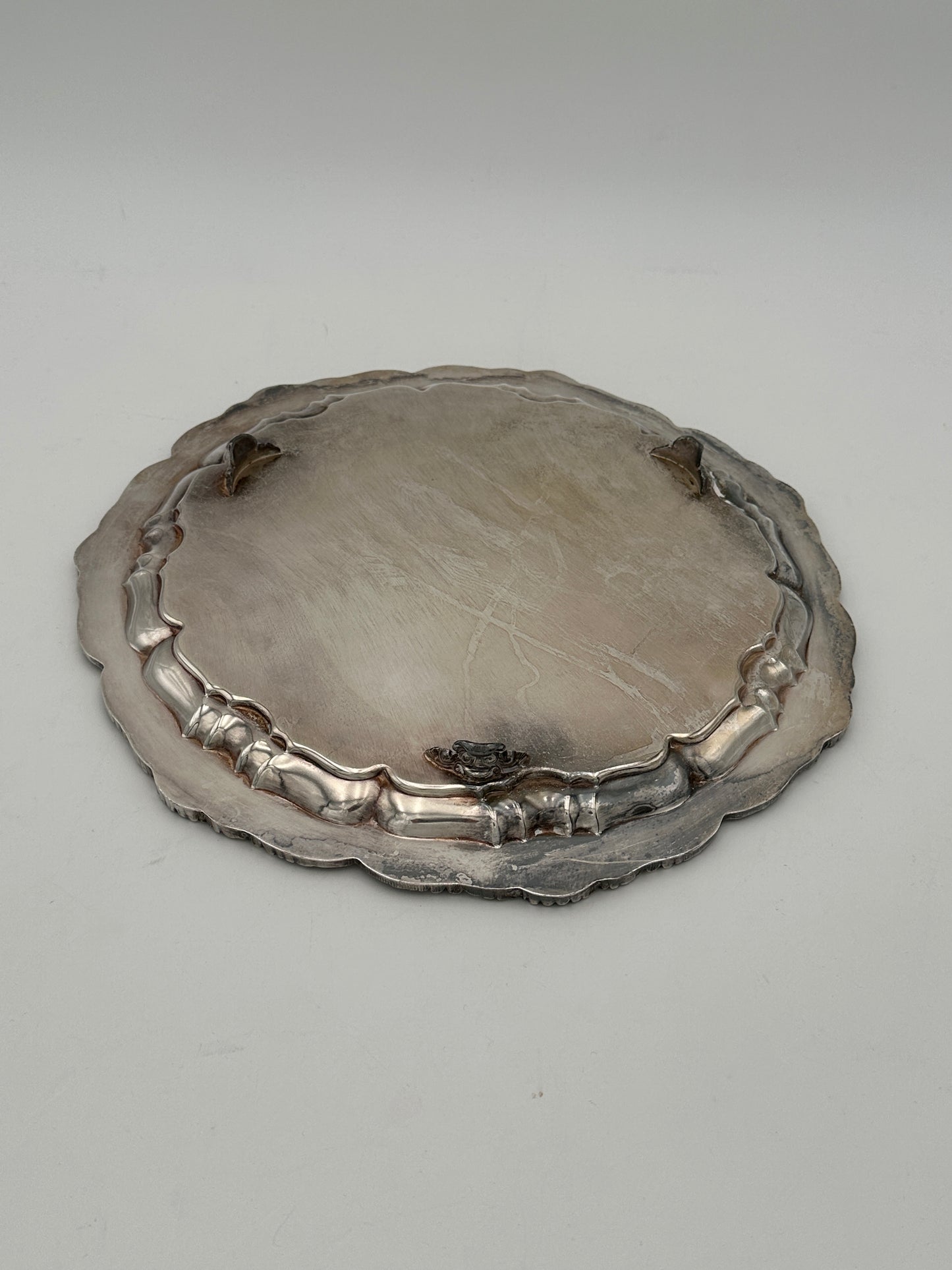 Silver-Plated Copper Large Round Footed Platter with Etching and Textured Edge