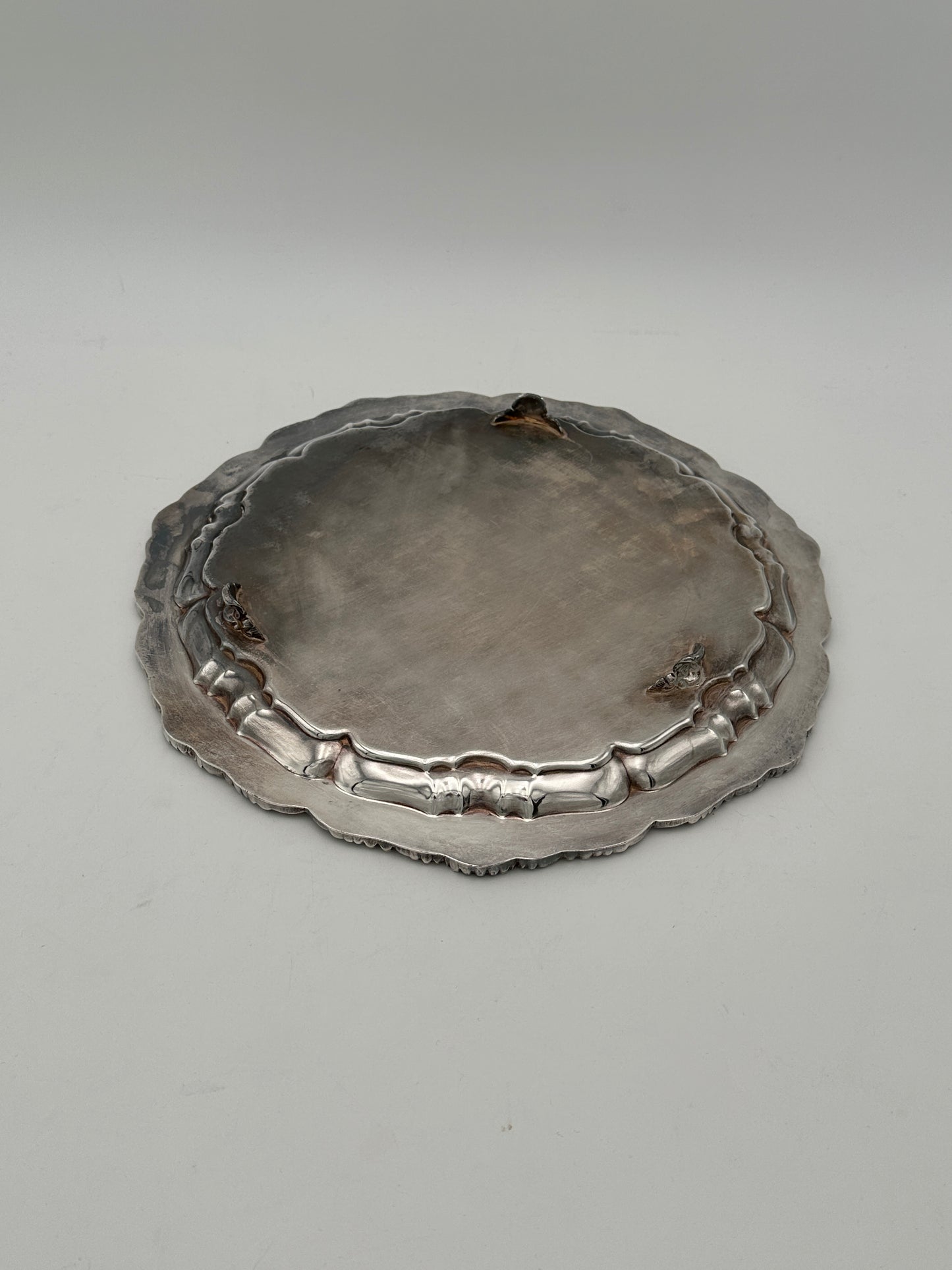 Poole Silver-Plated Copper Large Round Footed Platter with Etching and Textured Edge