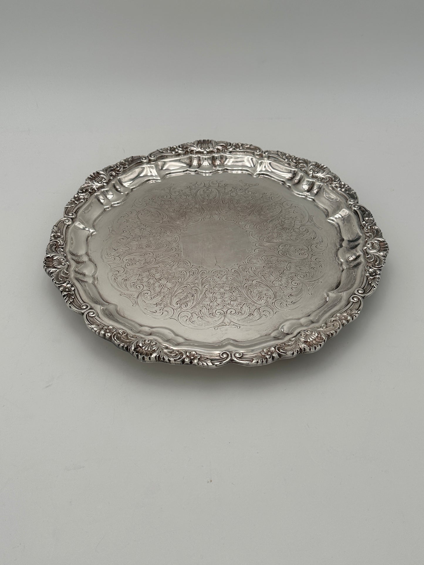 Poole Silver-Plated Copper Large Round Footed Platter with Etching and Textured Edge