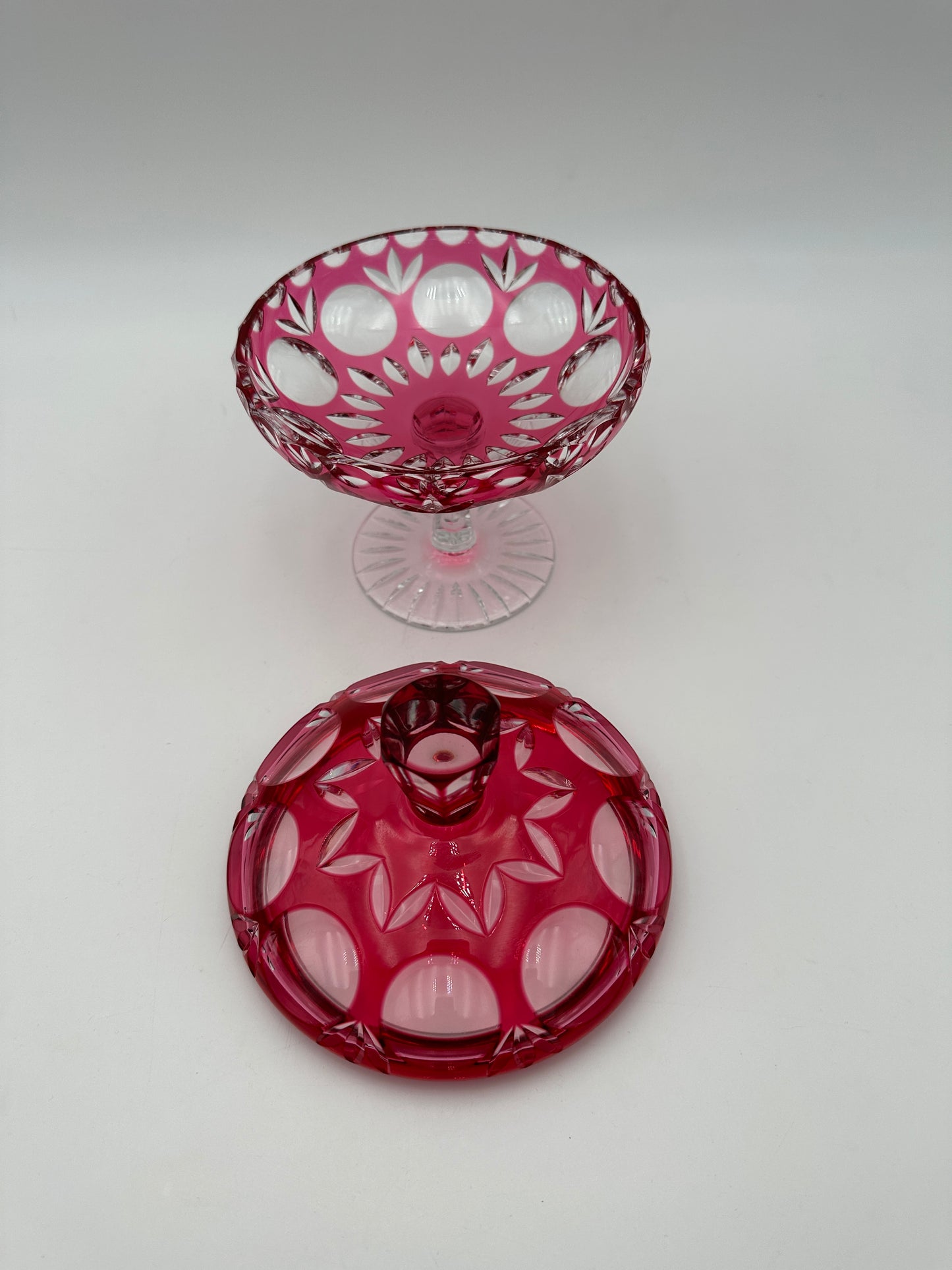 Nachtmann Bamberg Ruby Red Cut Glass Compote Cranberry Cut to Clear Covered Dish