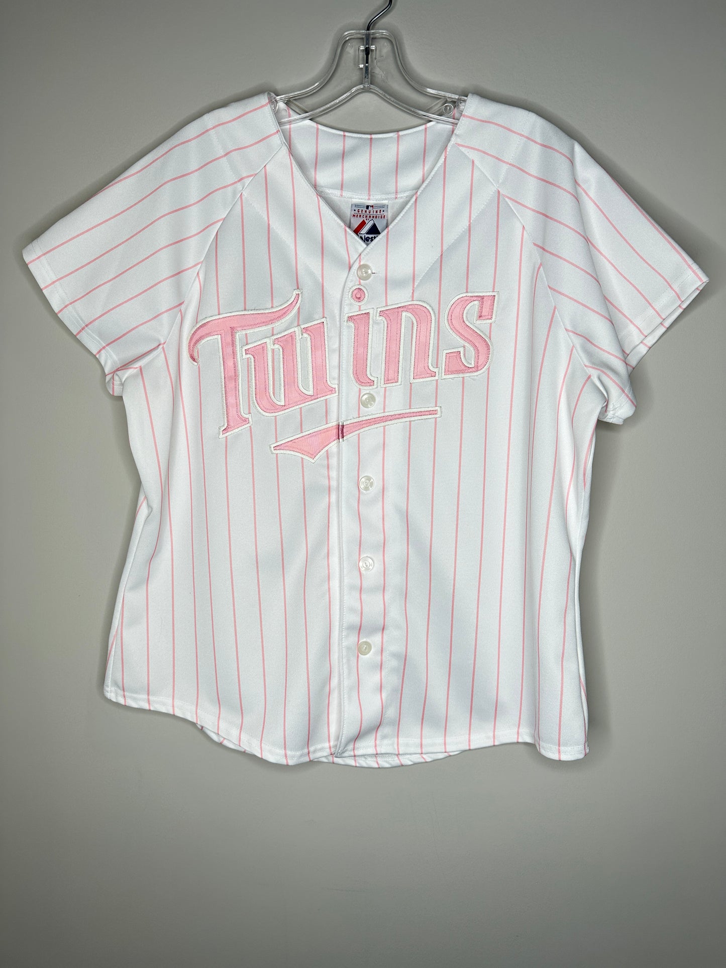 Majestic Size XL White with Pink Pinstripes Button-Up Minnesota Twins Baseball Jersey