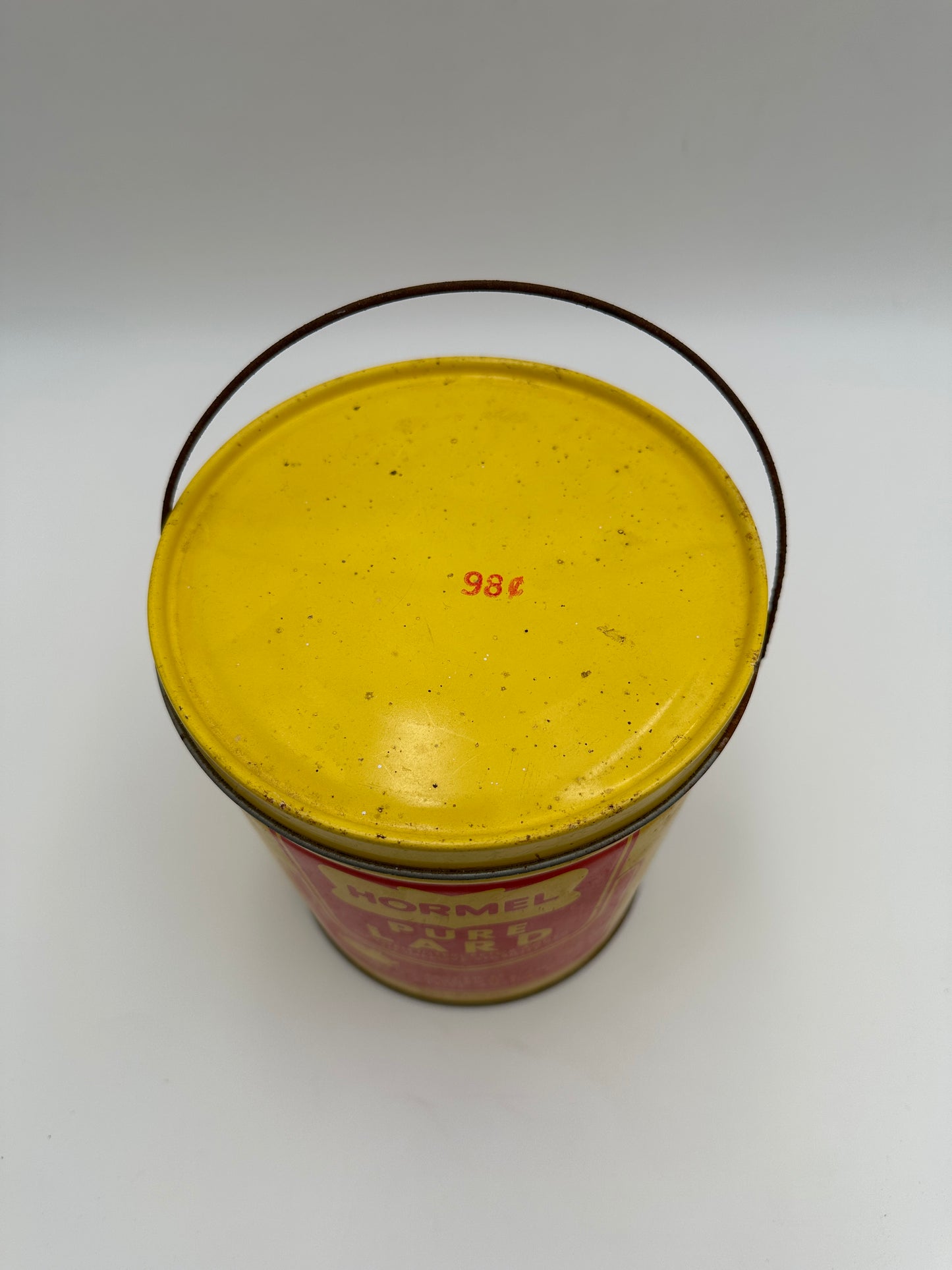 Hormel Vintage Yellow and Red Vintage 4 lb Lard Can with Handle Bail