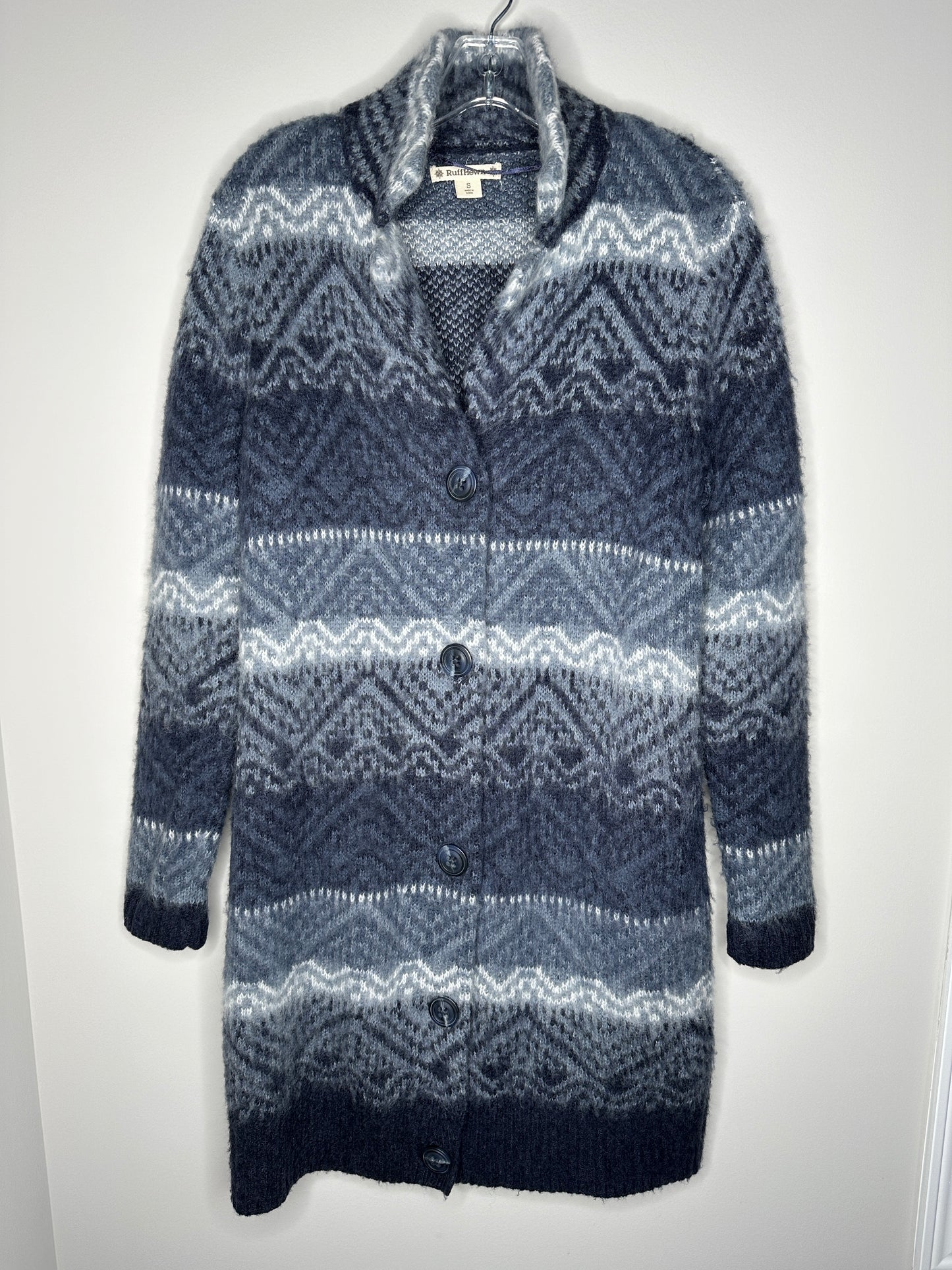 Ruff Hewn Size S Blue Patterned Fair Isle Long Buttoned Cardigan