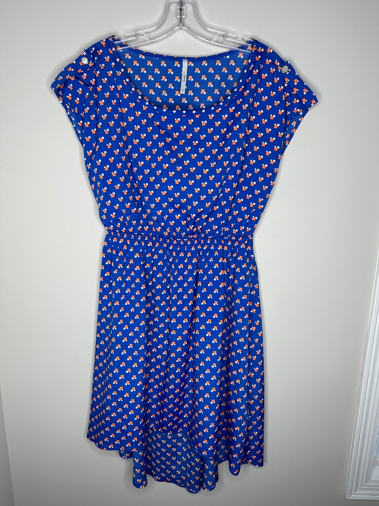 Trinity Size L Royal Blue with Orange & White Cap Sleeve High Low Dress