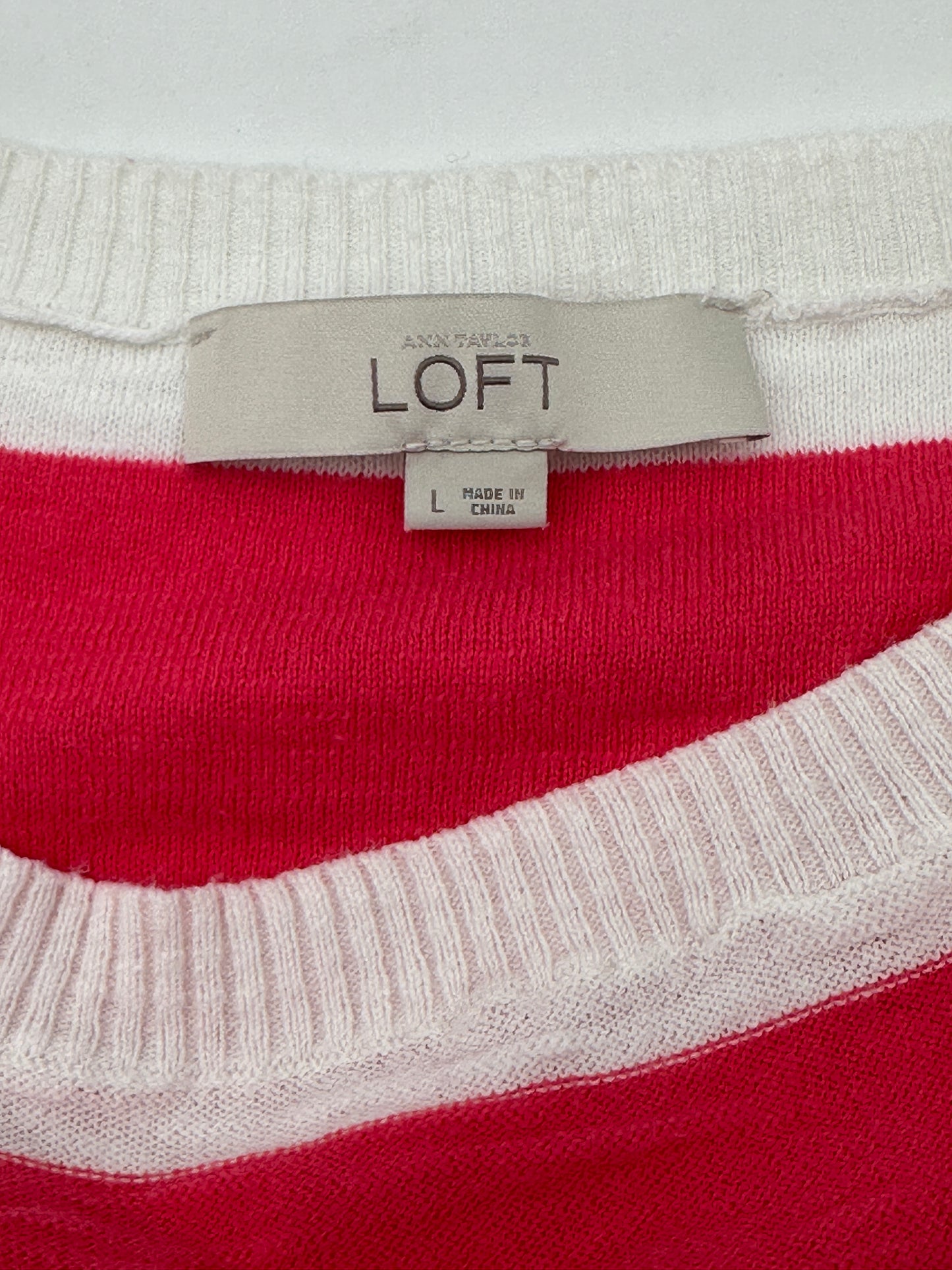 Ann Tayor LOFT Size L Dark Coral & White Striped Short Sleeve Sweater