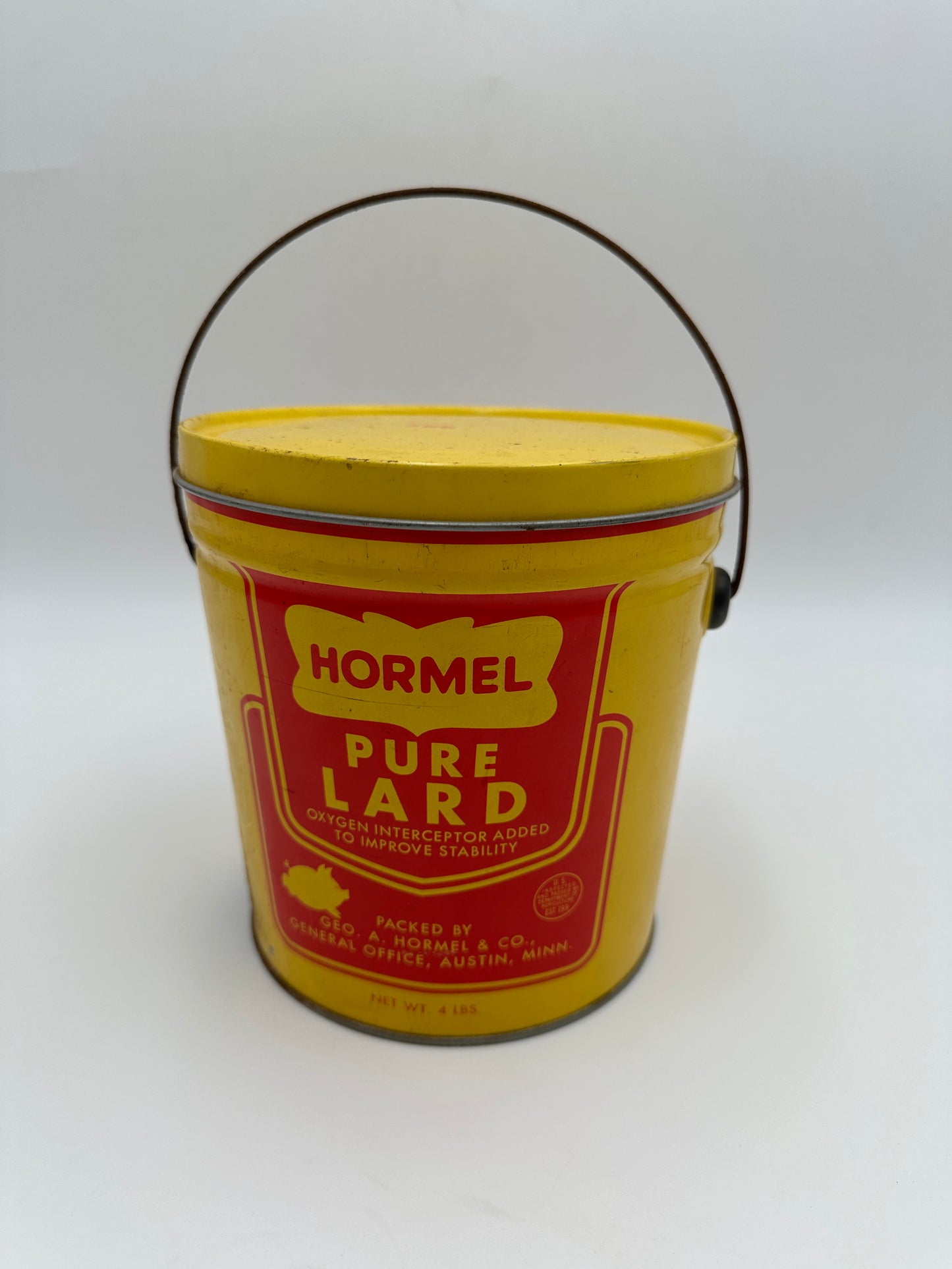 Hormel Vintage Yellow and Red Vintage 4 lb Lard Can with Handle Bail